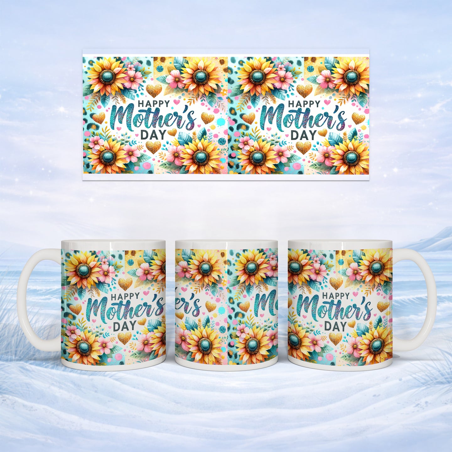 Mug with "Happy Mother's Day" text and sunflower and floral design.