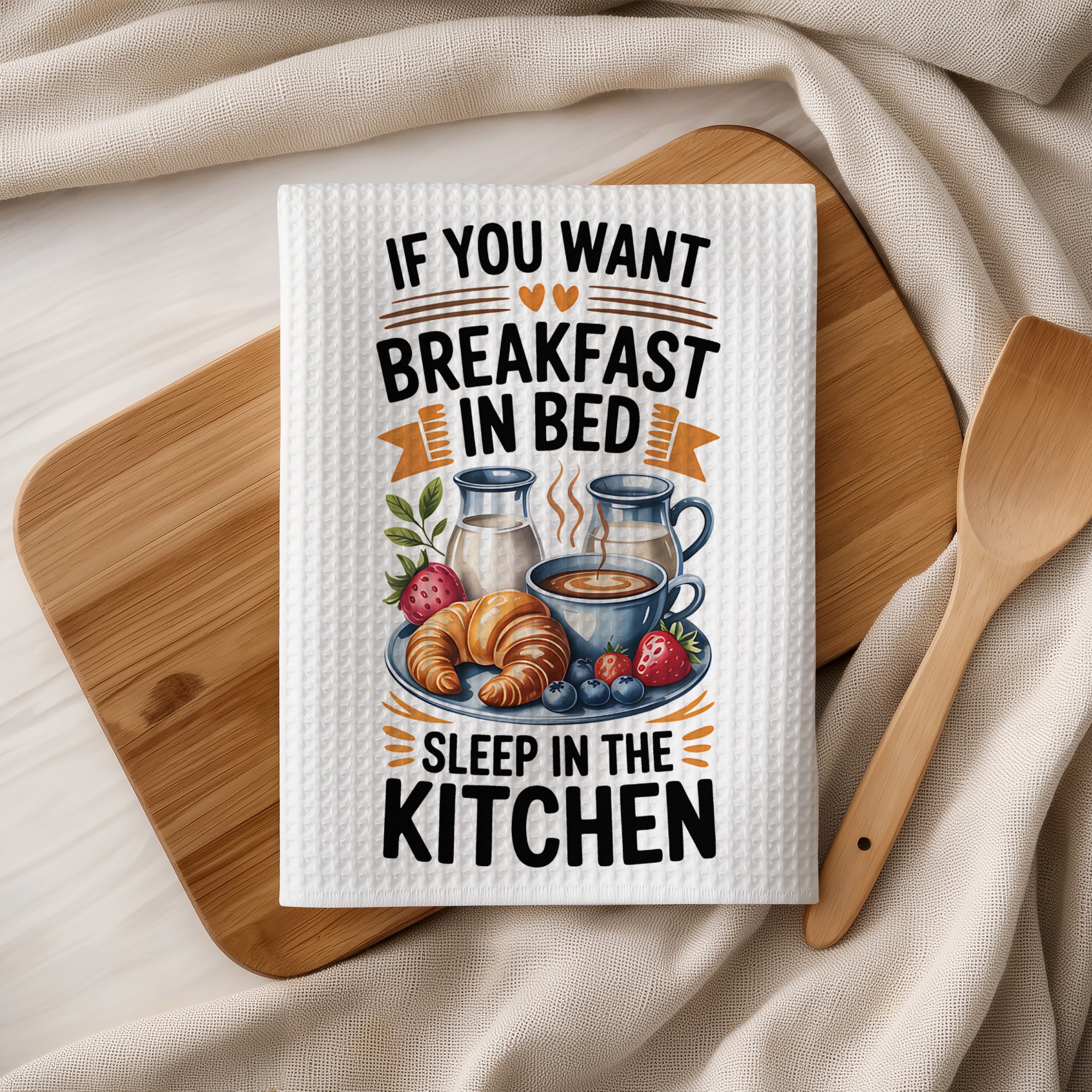 Breakfast in bed graphic with coffee, croissants, and strawberries.