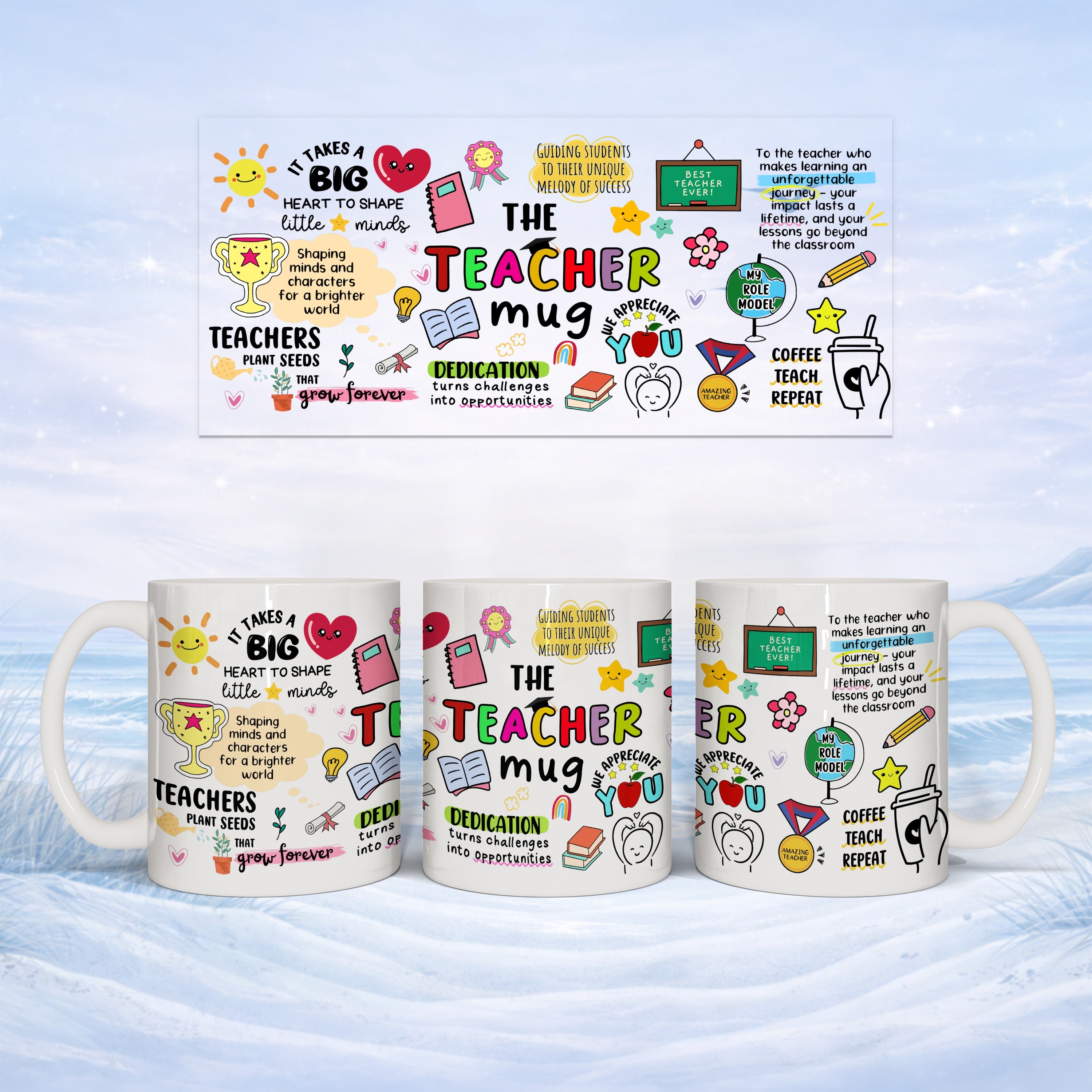 Three ceramic mugs with "The Teacher" design and inspirational quotes.