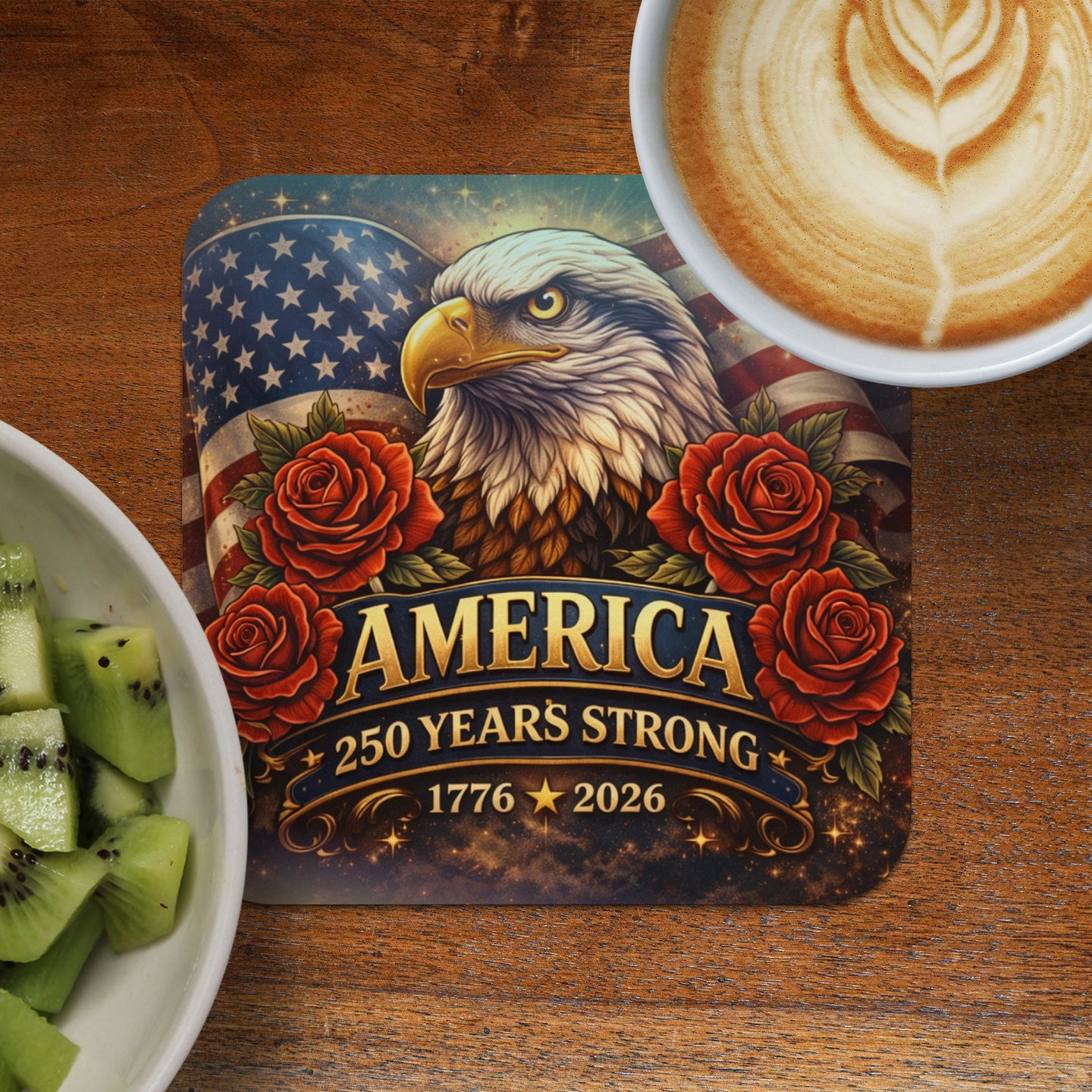 Coaster with eagle, roses, and "AMERICA 250 YEARS STRONG 1776 2026".