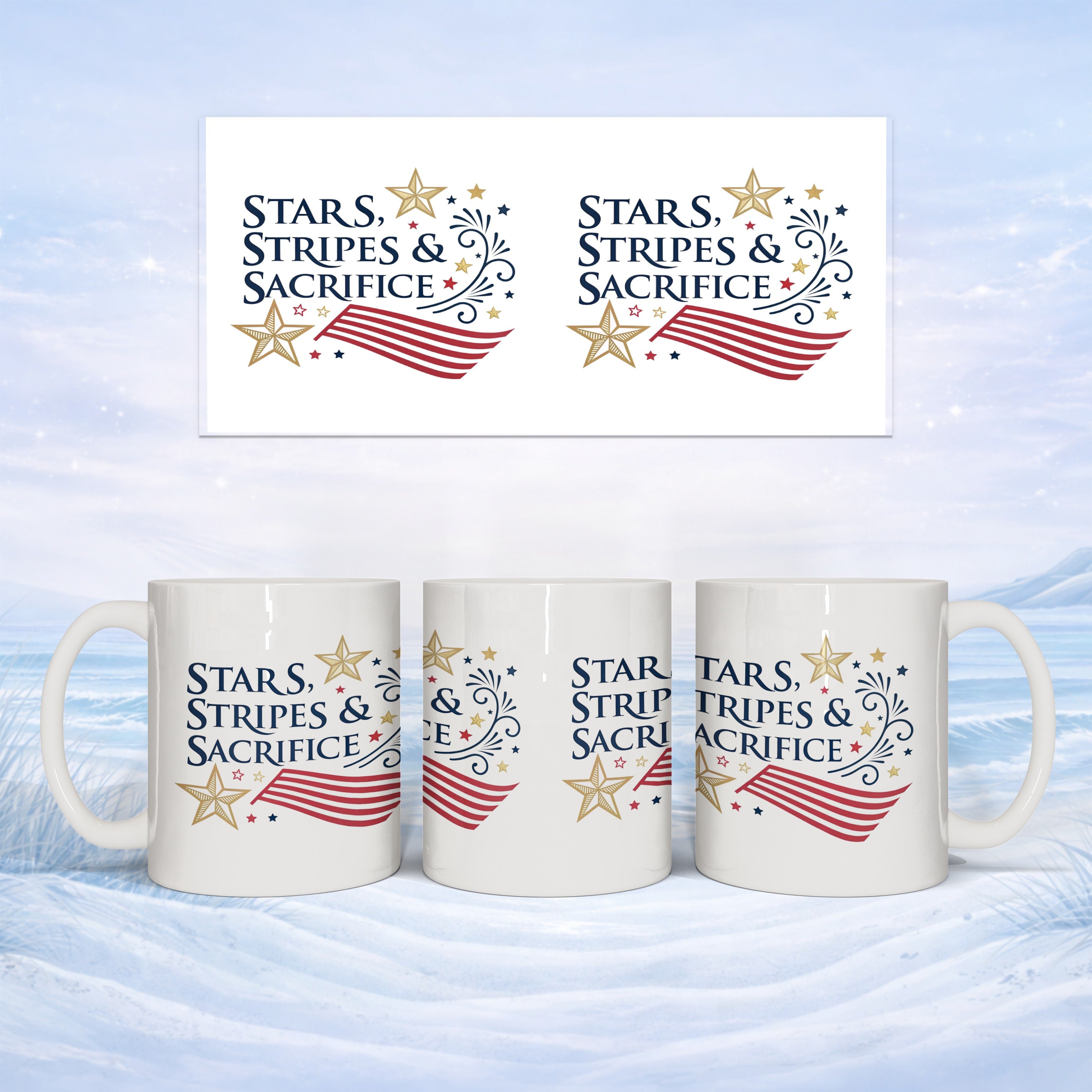 Mugs featuring "Stars, Stripes & Sacrifice" text with patriotic stars and stripes.