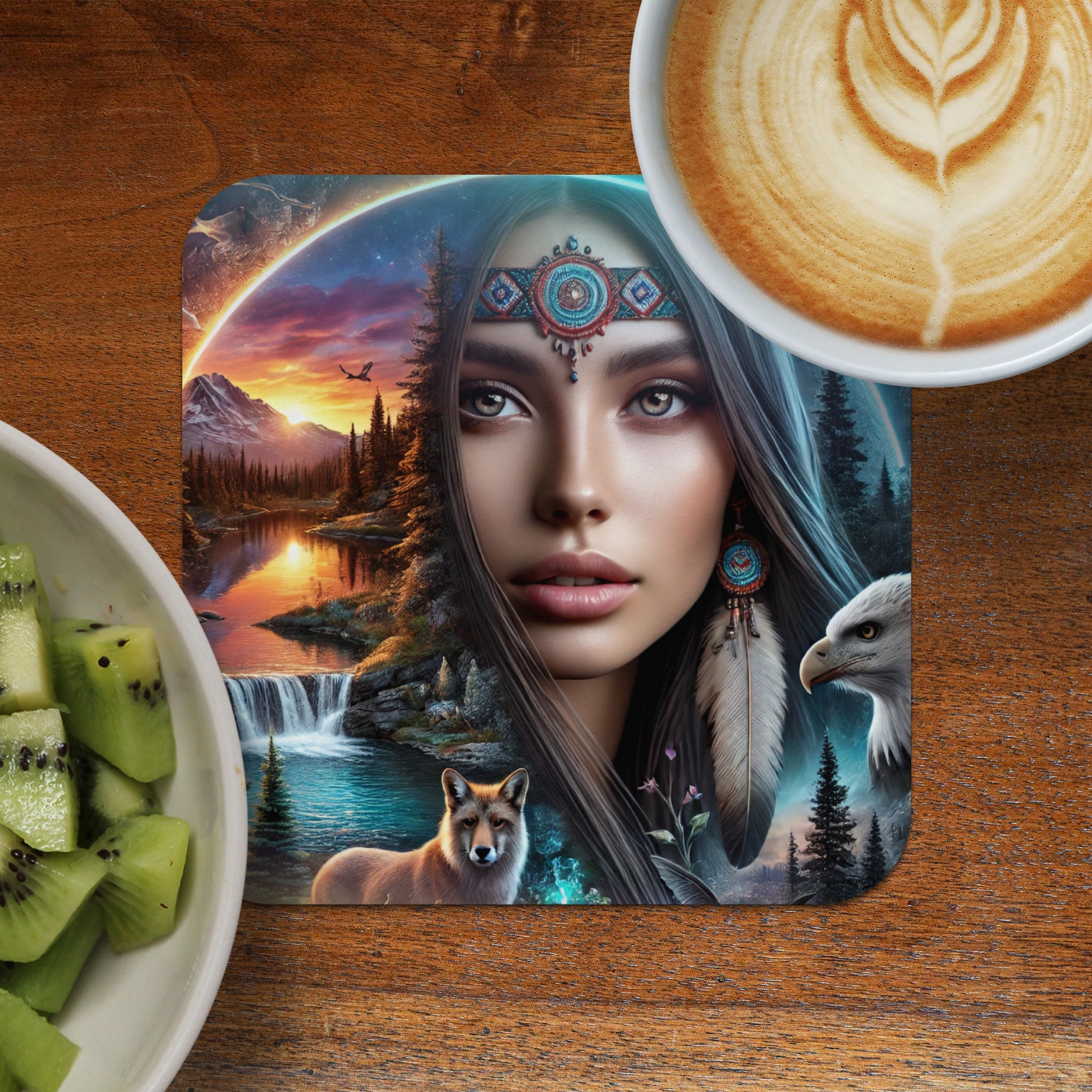 Woman with elaborate headdress, waterfall, forest, and eagle art on coaster with coffee and kiwi.
