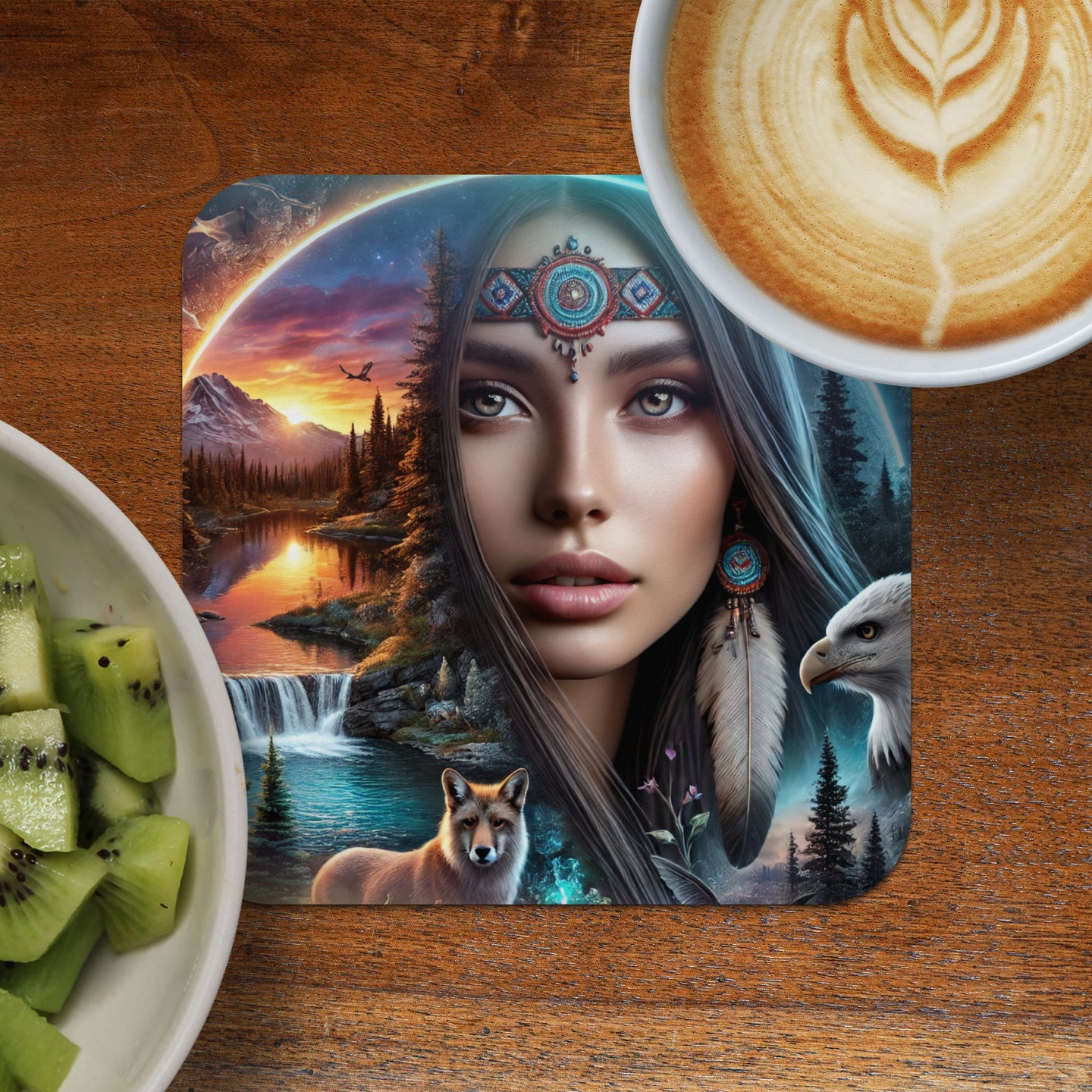 Woman with elaborate headdress, waterfall, forest, and eagle art on coaster with coffee and kiwi.
