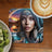 Woman with elaborate headdress, waterfall, forest, and eagle art on coaster with coffee and kiwi.
