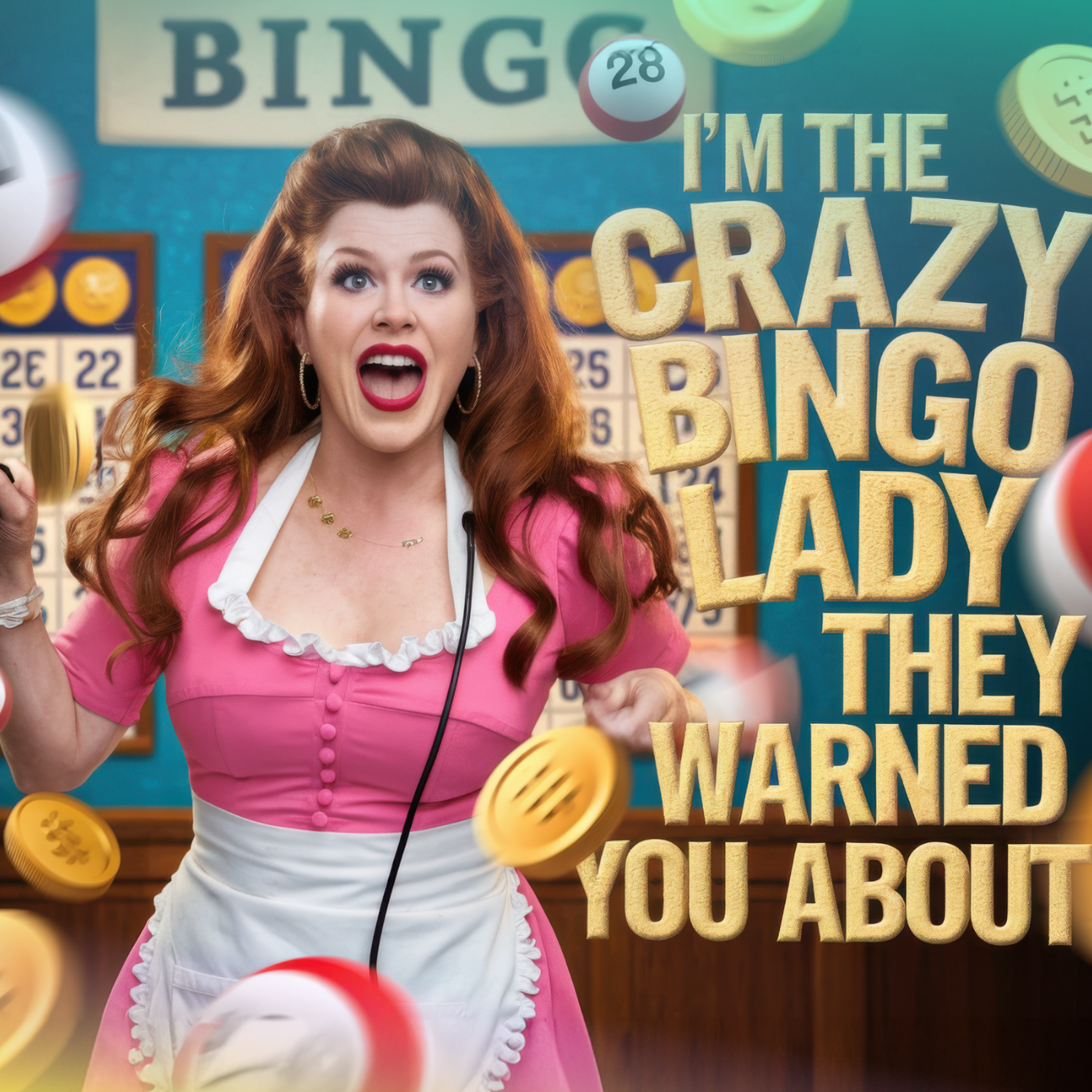 Woman in pink dress with apron, "I'm the crazy bingo lady they warned you about" text.