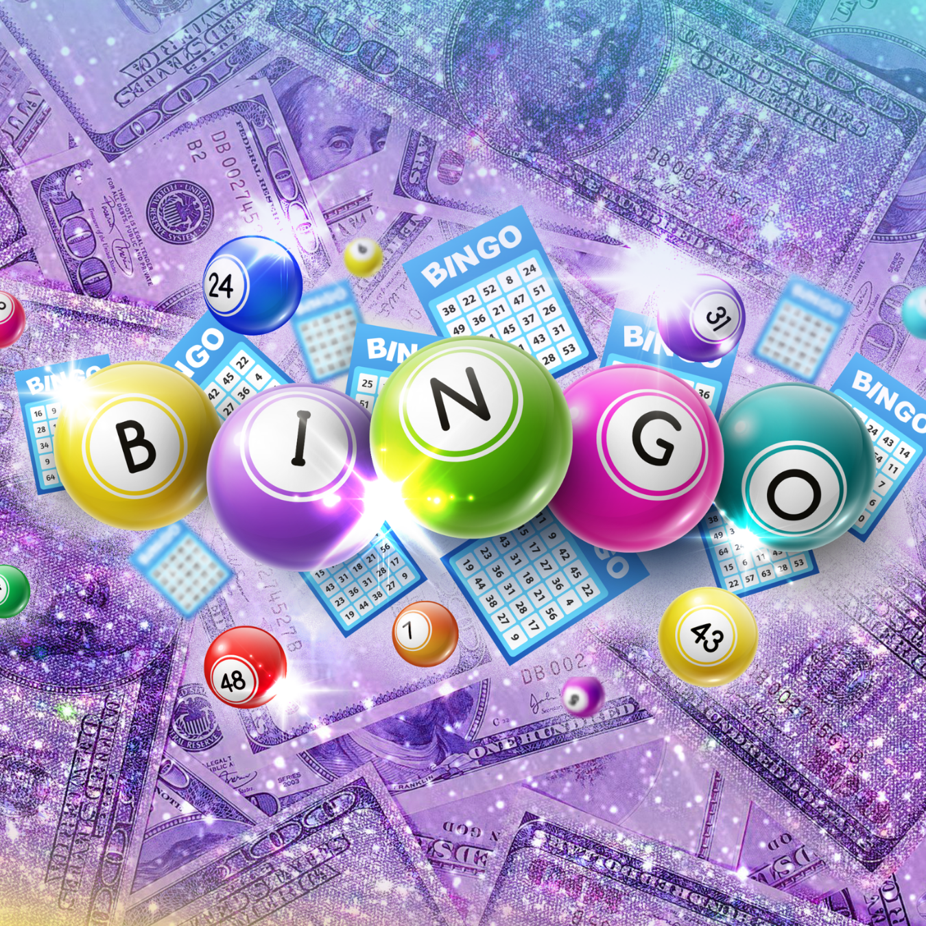 Bingo balls and lottery tickets on a bed of US dollar bills.