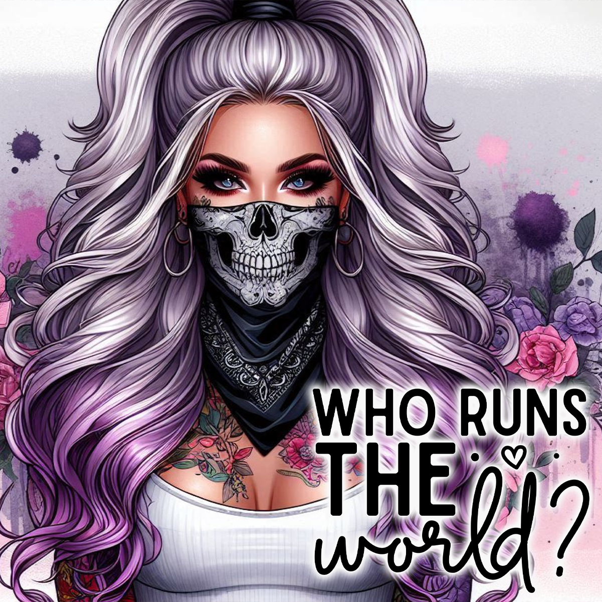 Woman with skull mask, tattoos, and purple hair asking "Who runs the world?".