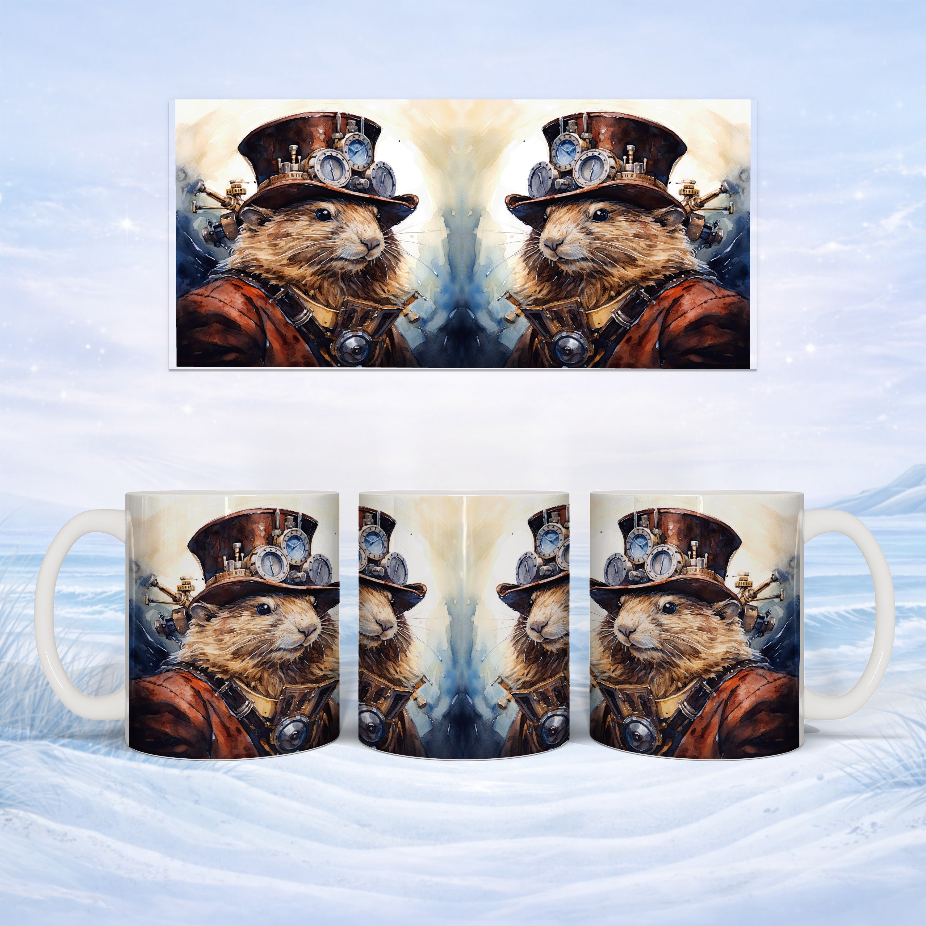 Steampunk hamster in top hat and goggles, repeated on a white mug.