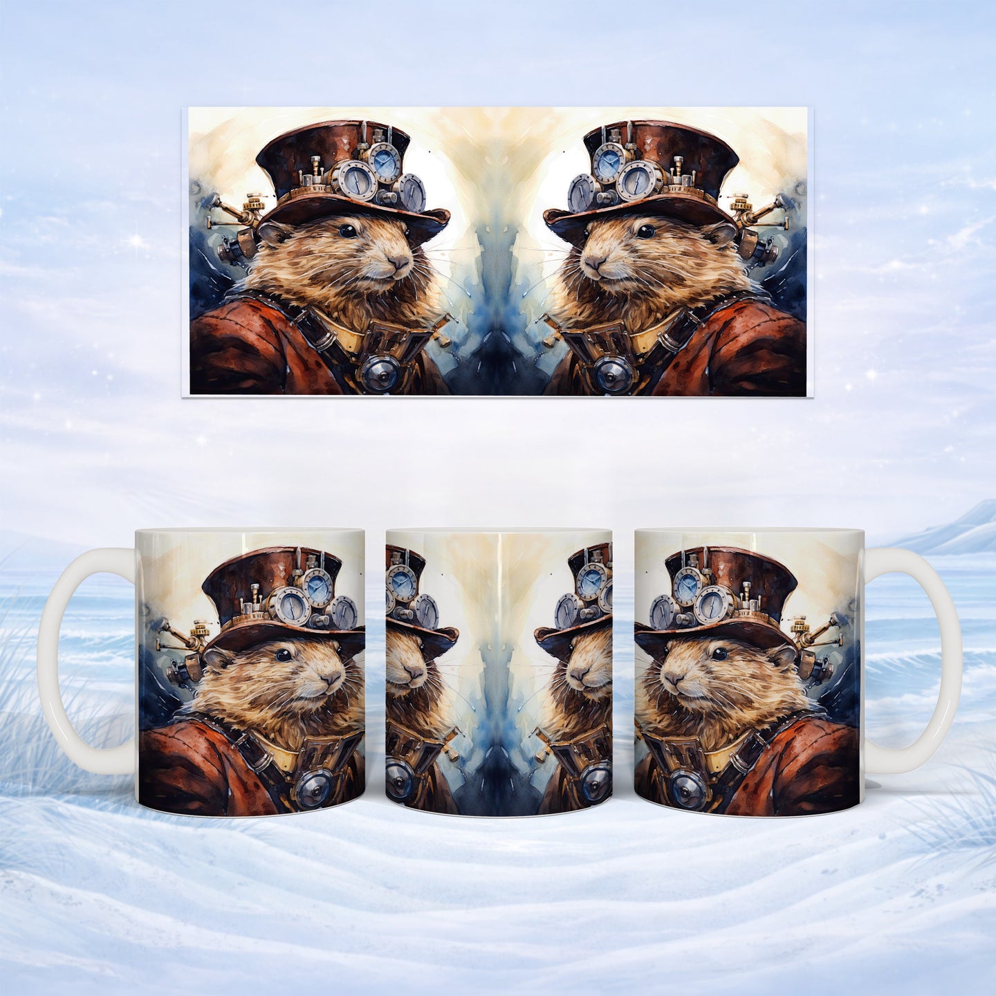 Steampunk hamster in top hat and goggles, repeated on a white mug.