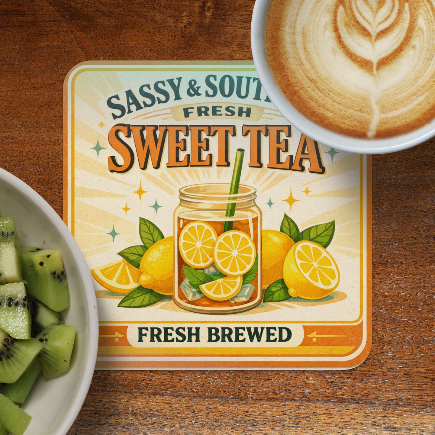 Sassy & South Fresh Sweet Tea glass jar with lemons and fruit, on a coaster.