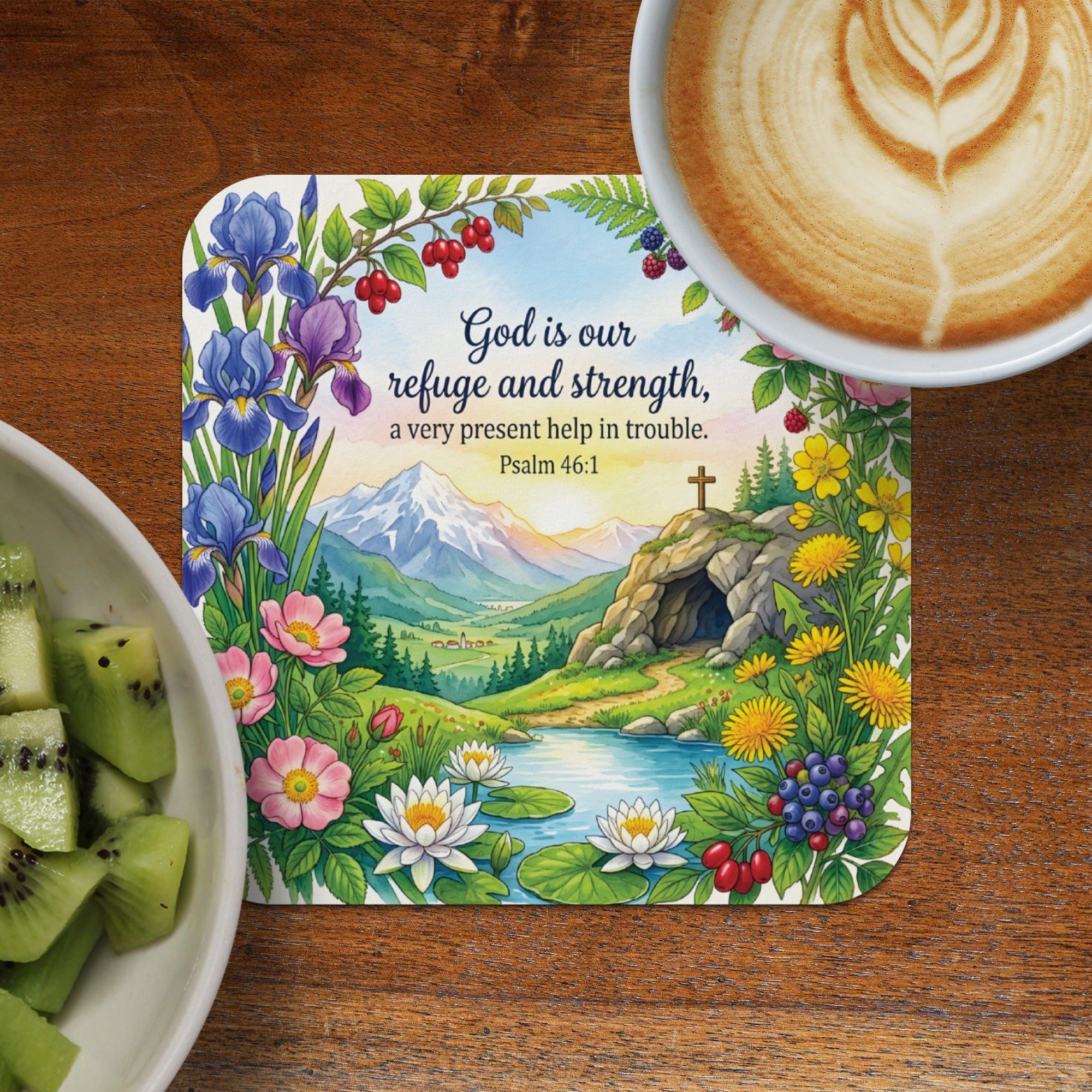 Coaster with floral border and Bible verse Psalm 46:1 with landscape scene.