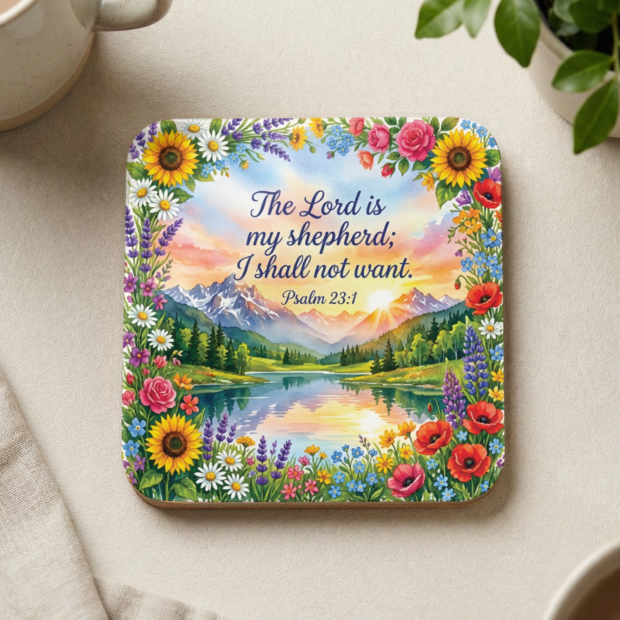 Coaster with floral border featuring landscape and Psalm 23:1 text.