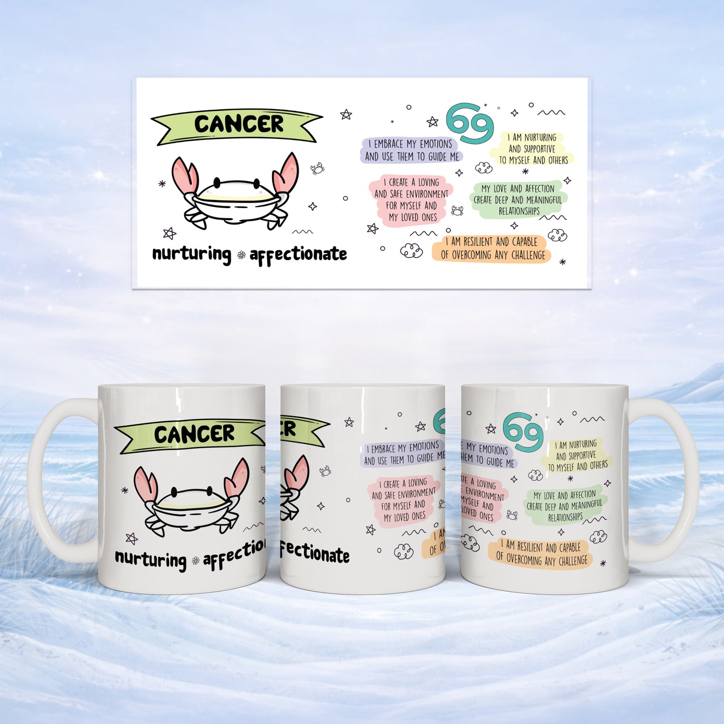 Cancer zodiac mug with nurturing, affectionate crab and horoscope affirmations.