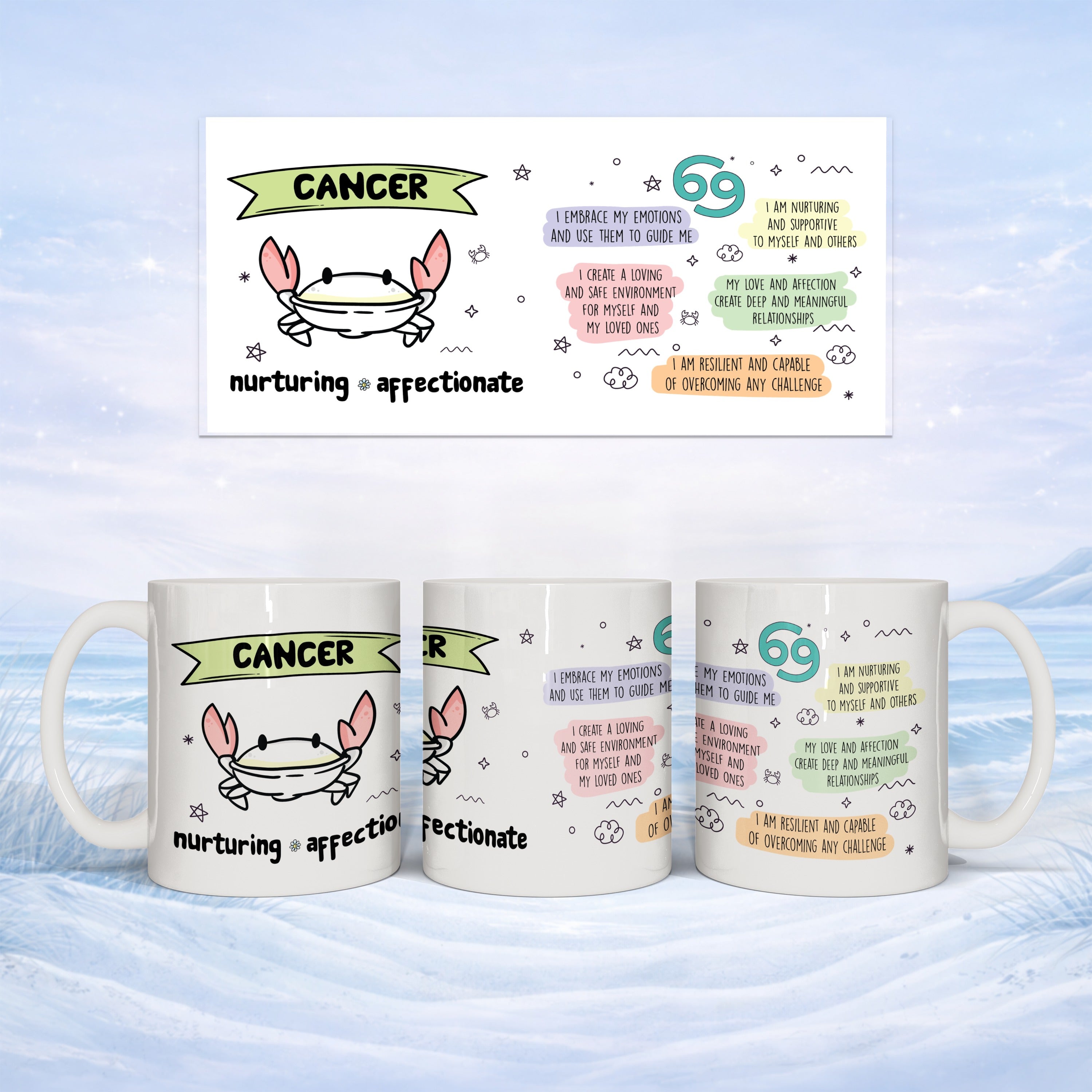 Cancer zodiac mug with nurturing, affectionate crab and horoscope affirmations.