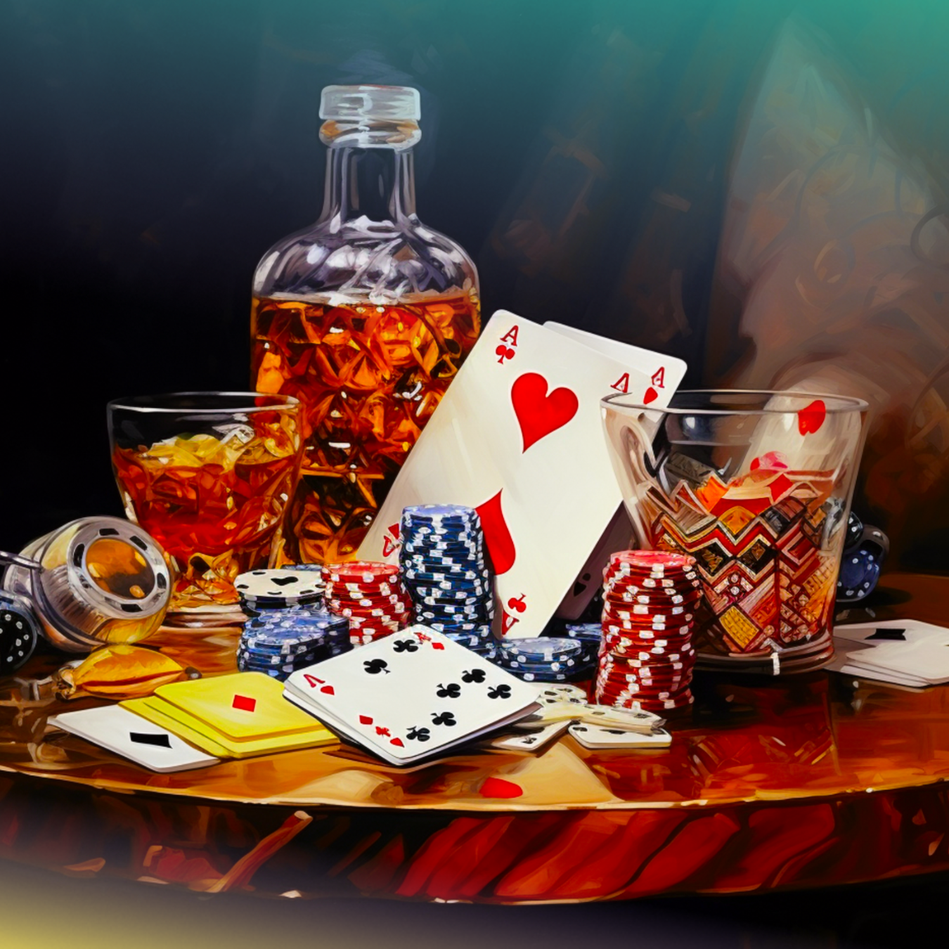 Poker chips, playing cards, and a whiskey bottle on a table.