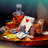 Poker chips, playing cards, and a whiskey bottle on a table.