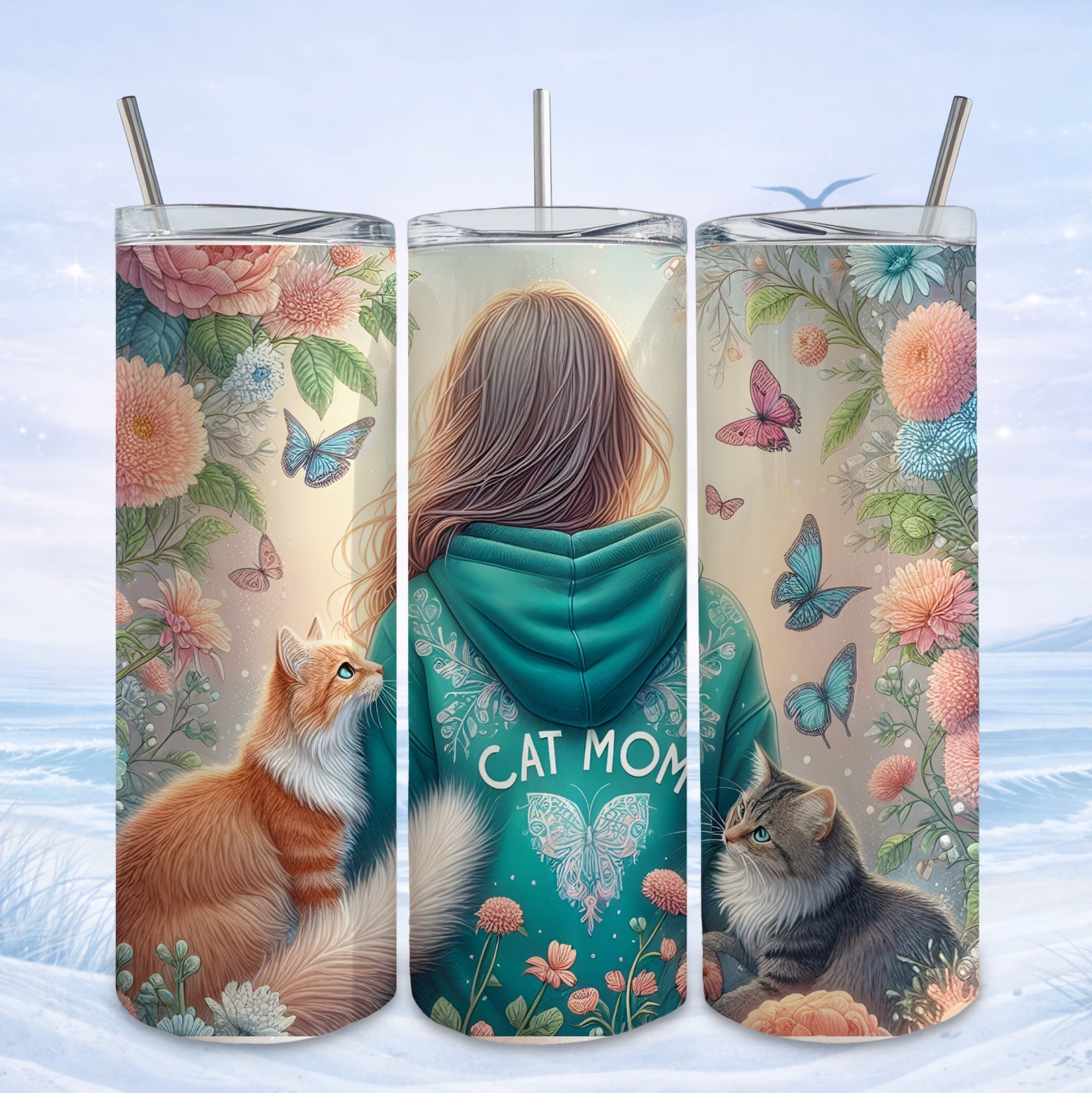 Woman in "Cat Mom" hoodie with cats and floral butterflies.