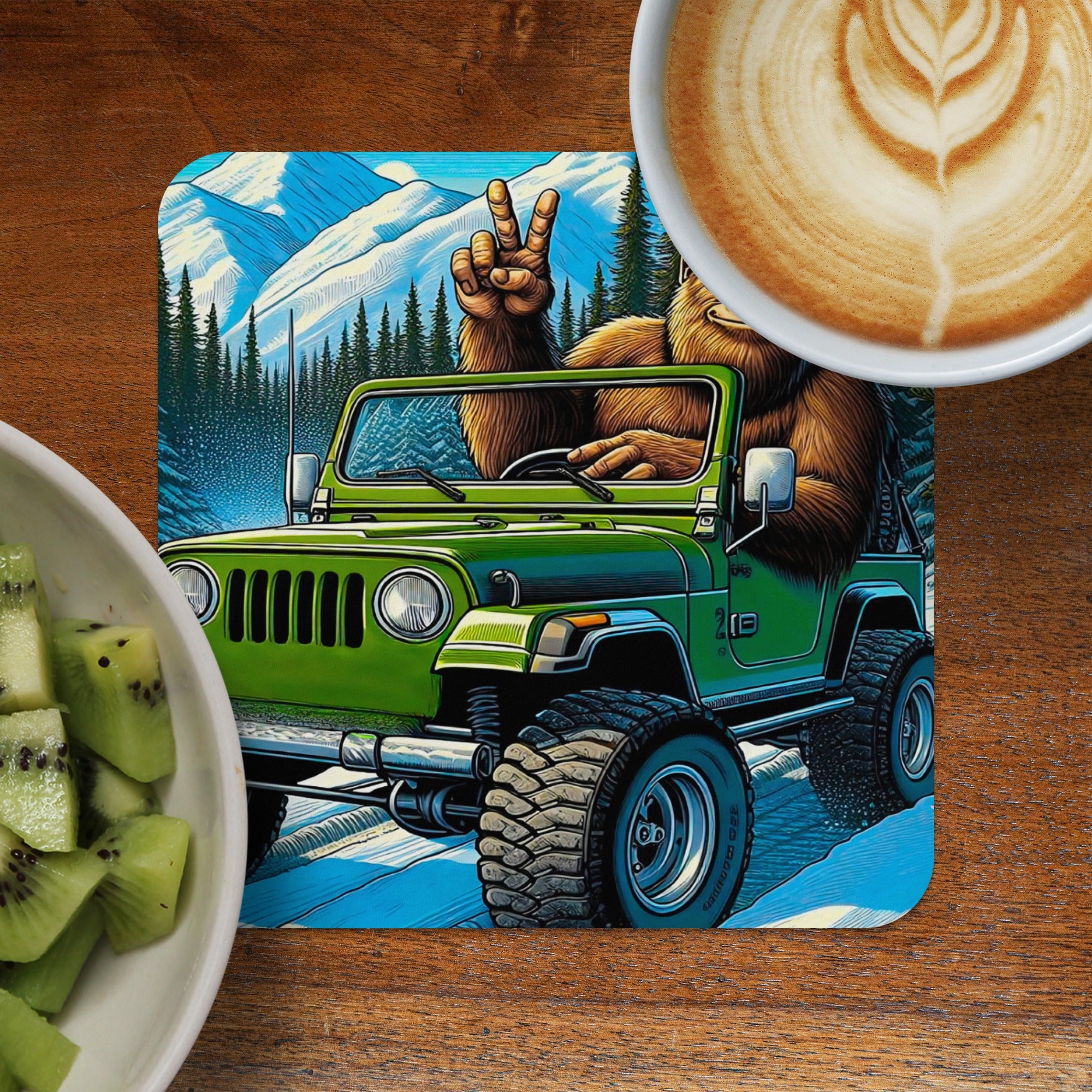 Bigfoot driving a green Jeep on a snowy mountain road.