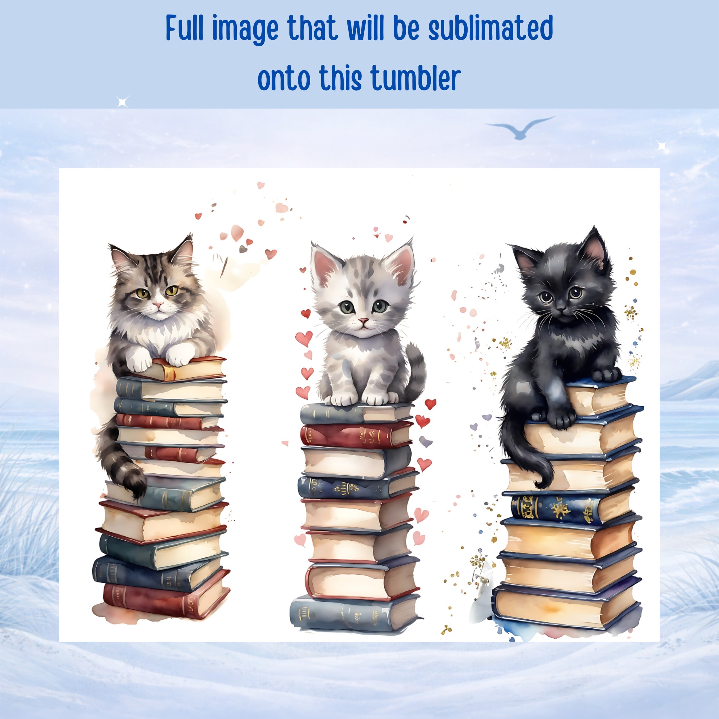 Three kittens sit atop stacks of books in a watercolor illustration.