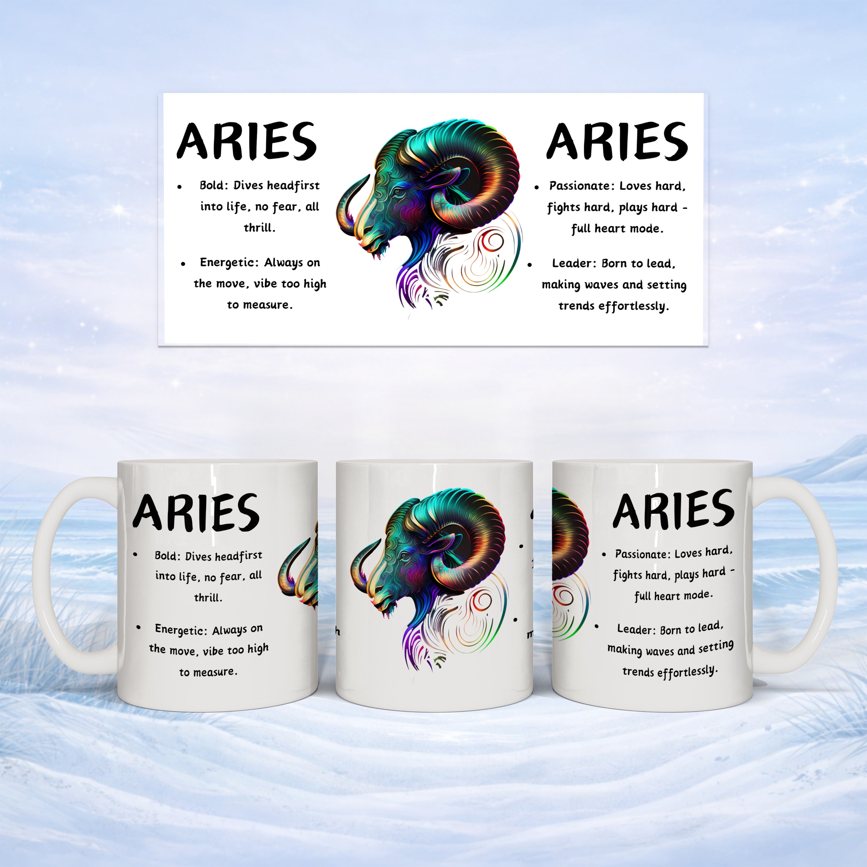 Mug with Aries zodiac sign and horoscope traits, set against a snowy background.