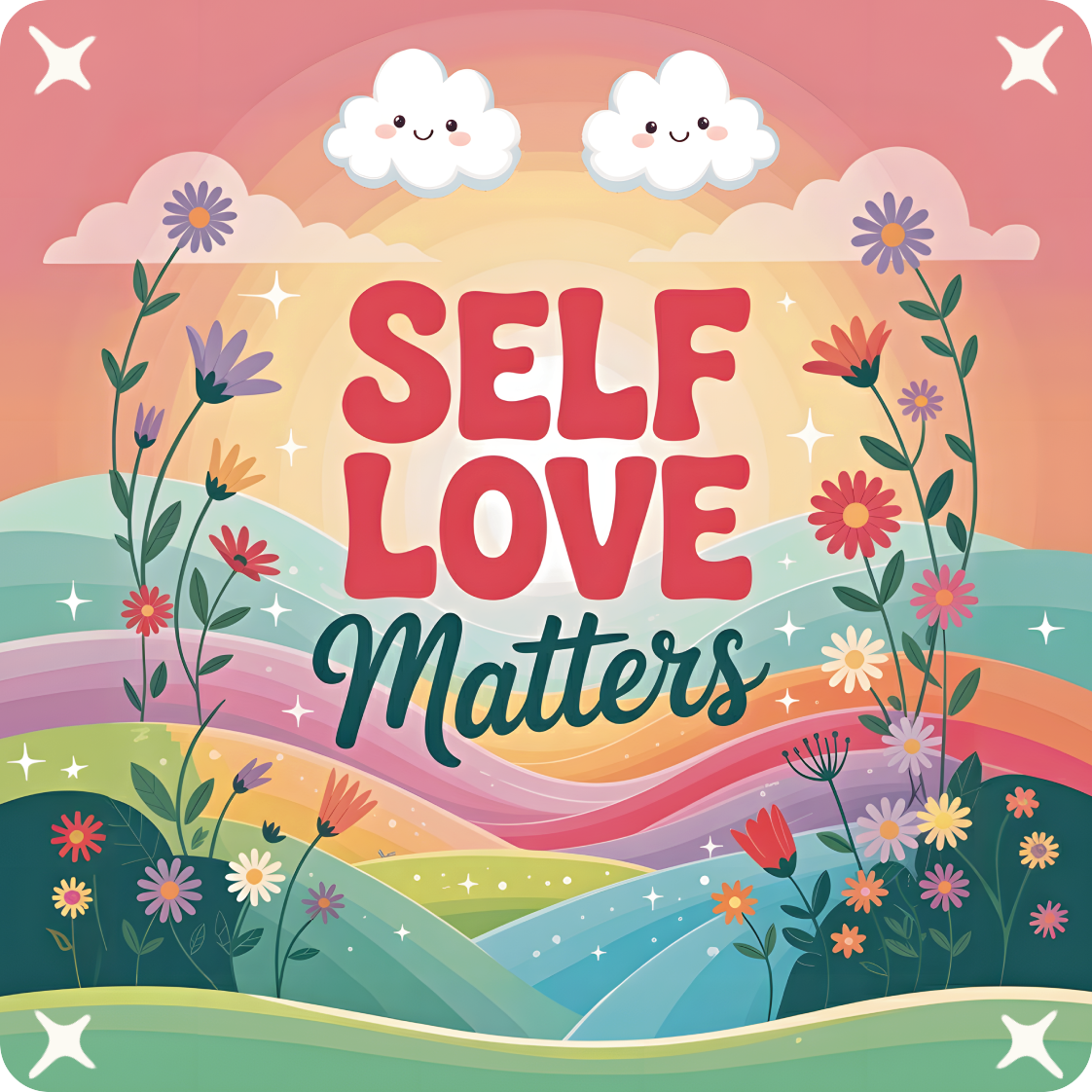 Self Love Matters text with colorful rolling hills and flowers.