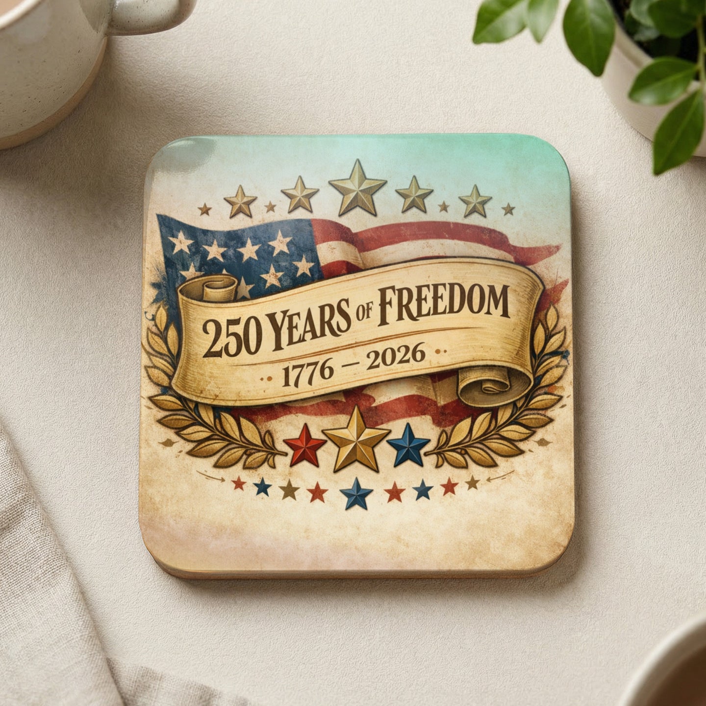 Coaster with "250 Years of Freedom 1776-2026" text and US flag motif.