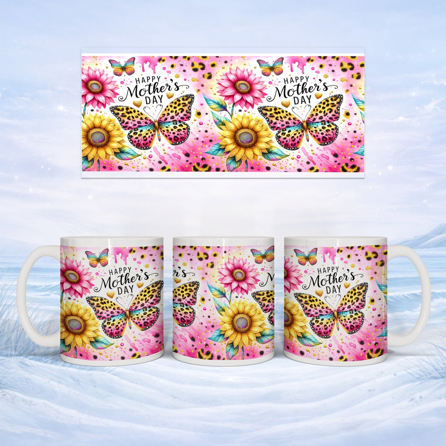 Mug with "Happy Mother's Day" text and butterfly and sunflower design.