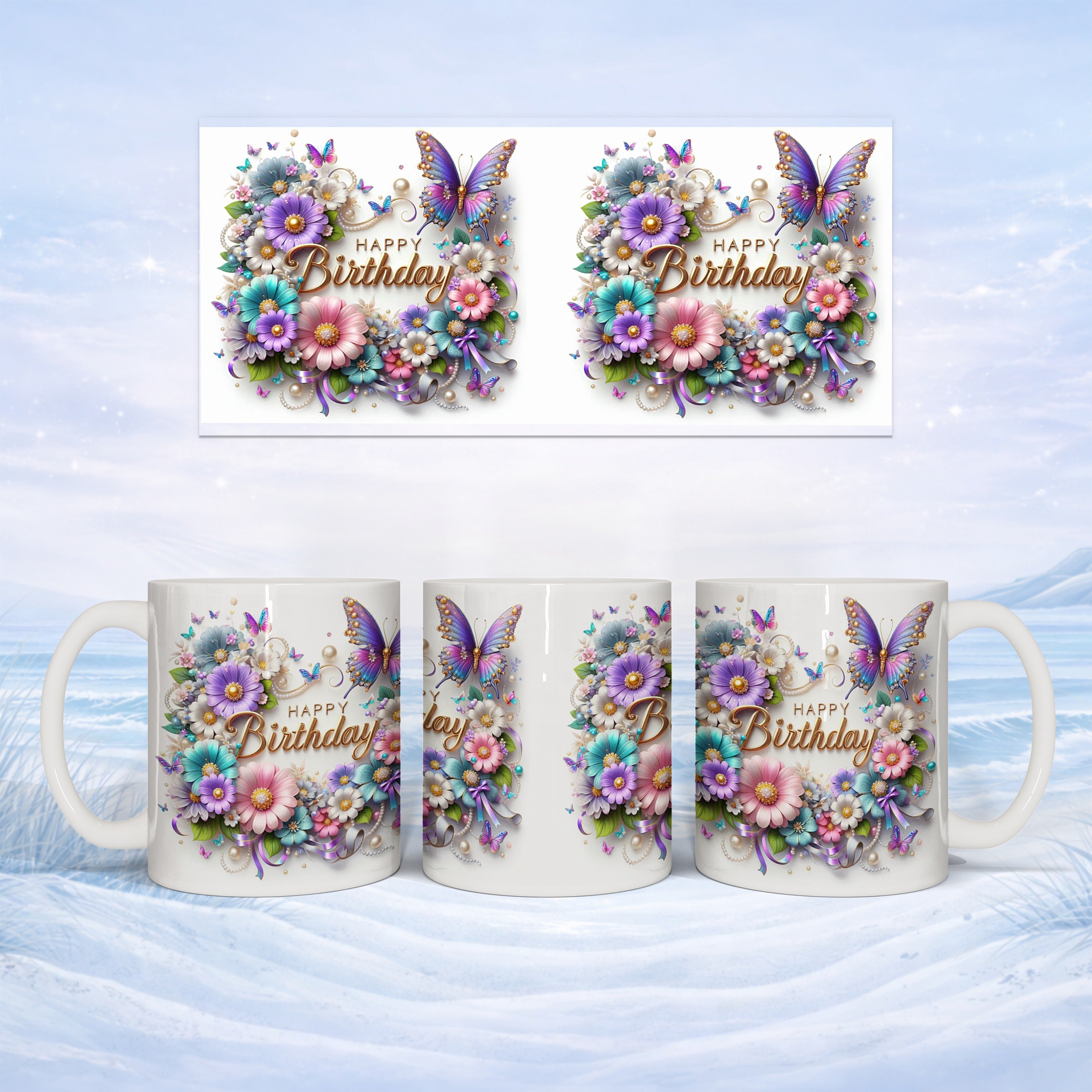 Three mugs decorated with "Happy Birthday" text and floral butterfly designs.