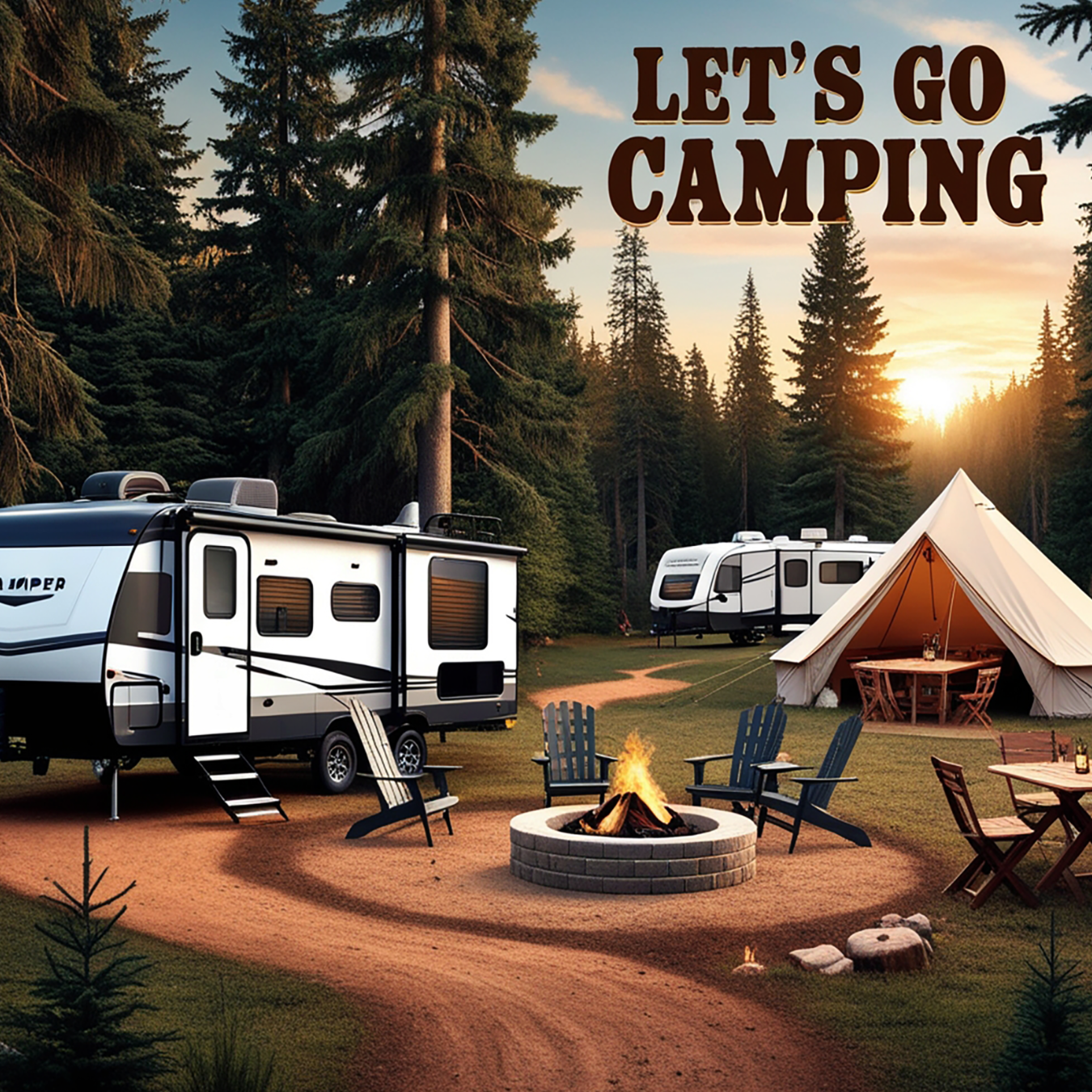 Campground scene with two RVs, a tent, campfire, and seating under a sunset sky.