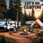 Campground scene with two RVs, a tent, campfire, and seating under a sunset sky.