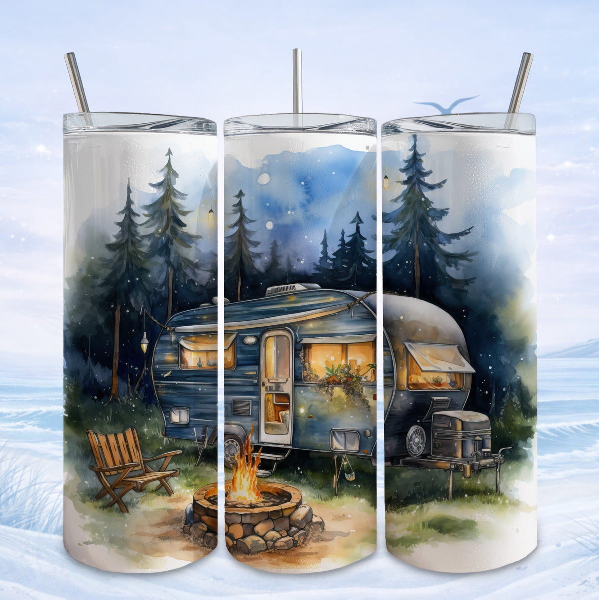 Blue camper van scene with campfire and trees on three tumblers.