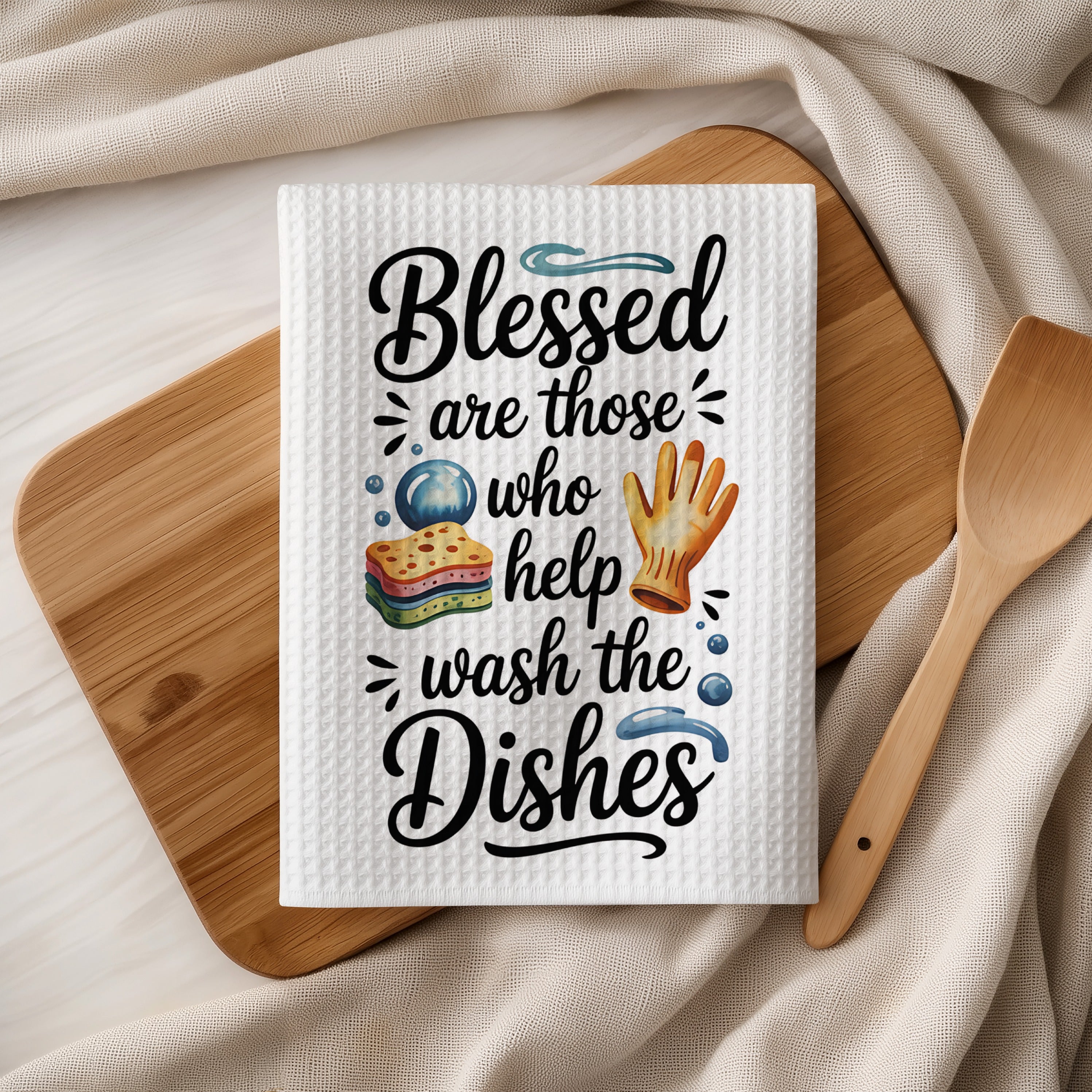Dish towel with "Blessed are those who help wash the dishes" text and dishwashing icons.
