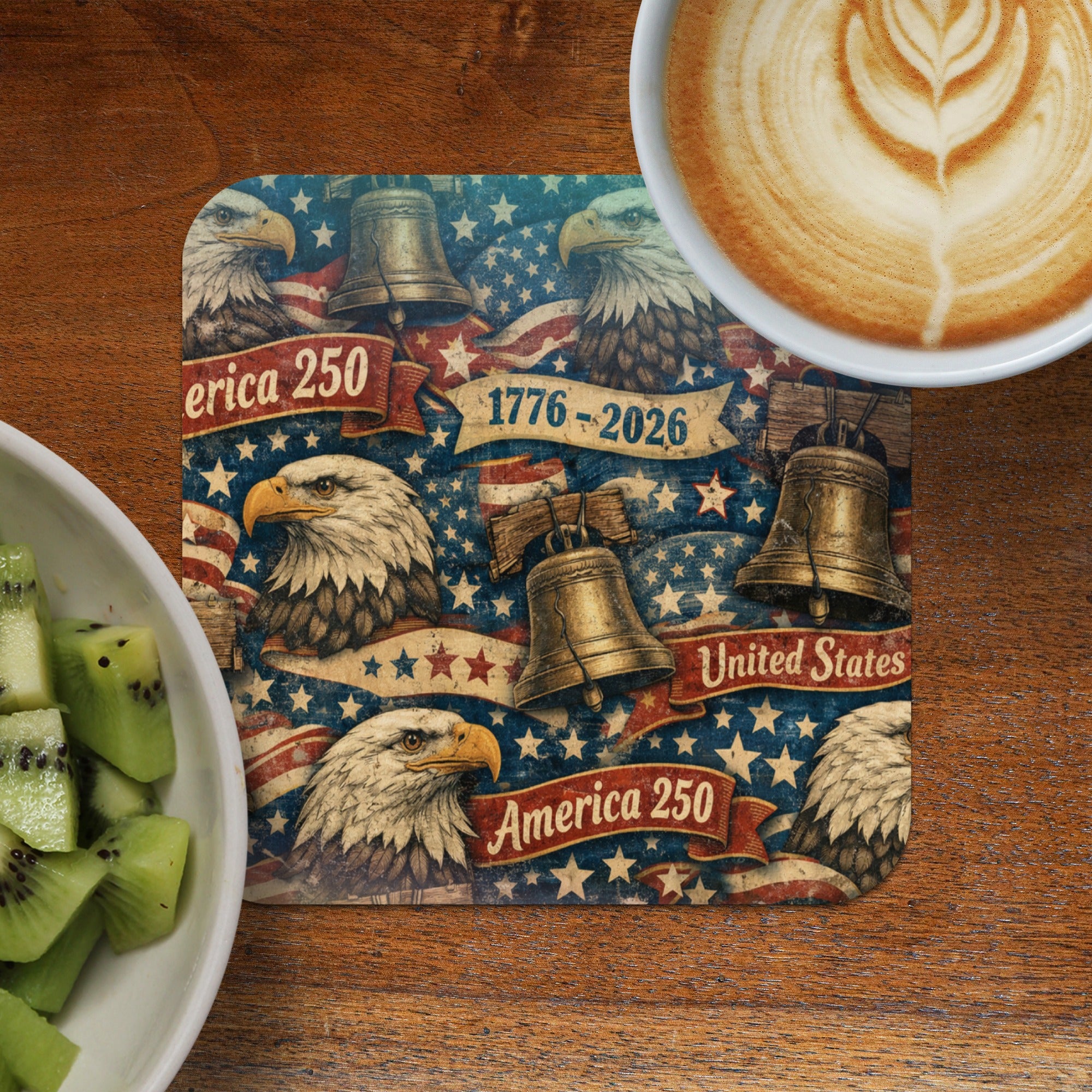 America 250 flag design with eagles, Liberty Bells, and latte.