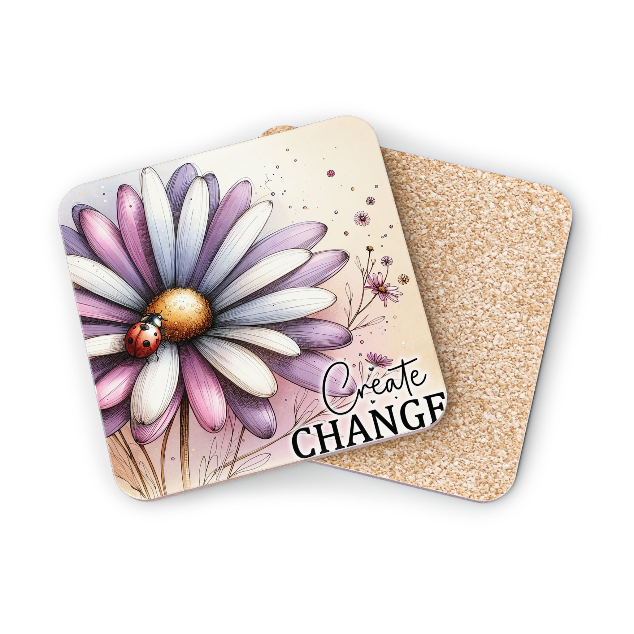 Daisy coaster with ladybug and "Create Change" text.
