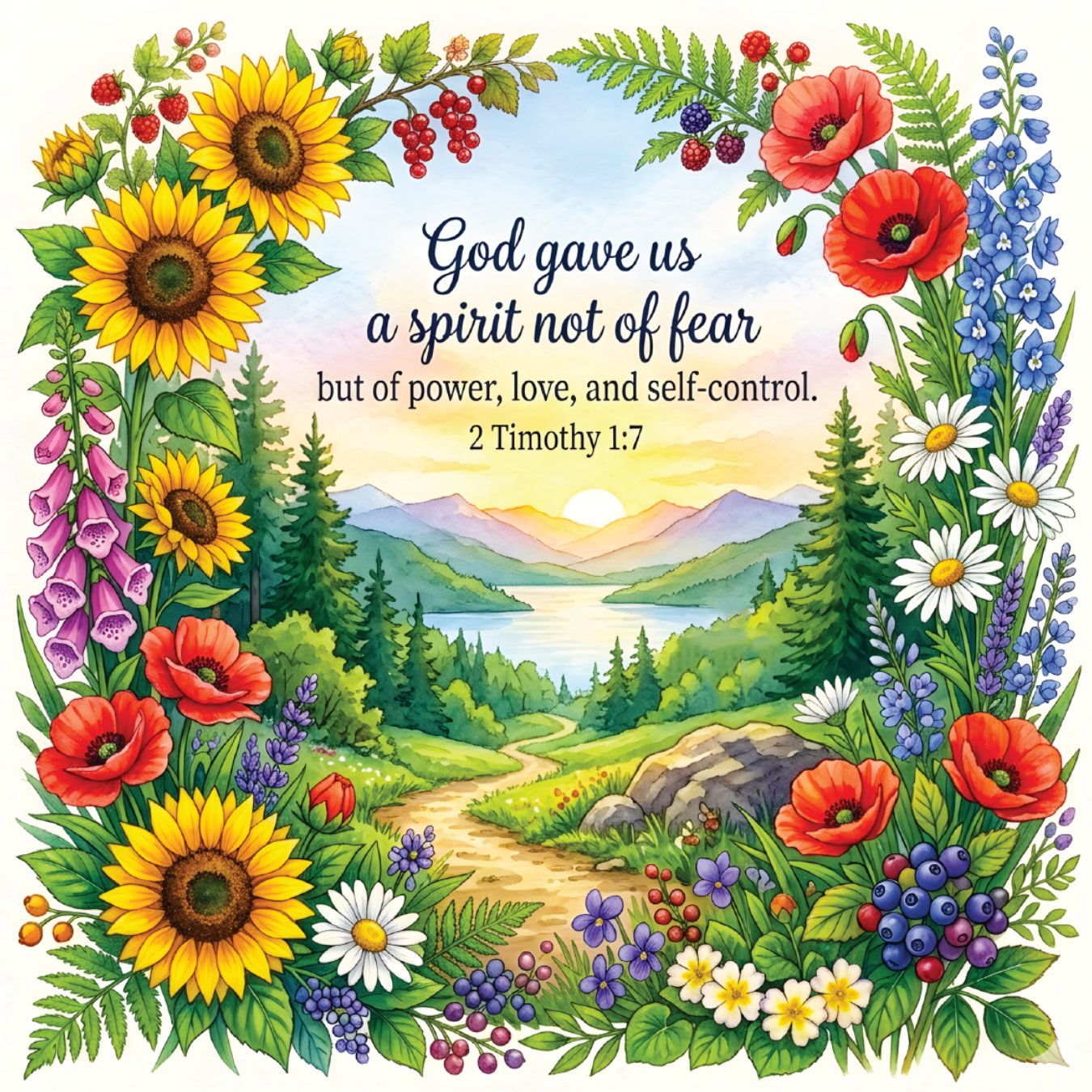 Floral border frames landscape with "God gave us a spirit not of fear" Bible verse.