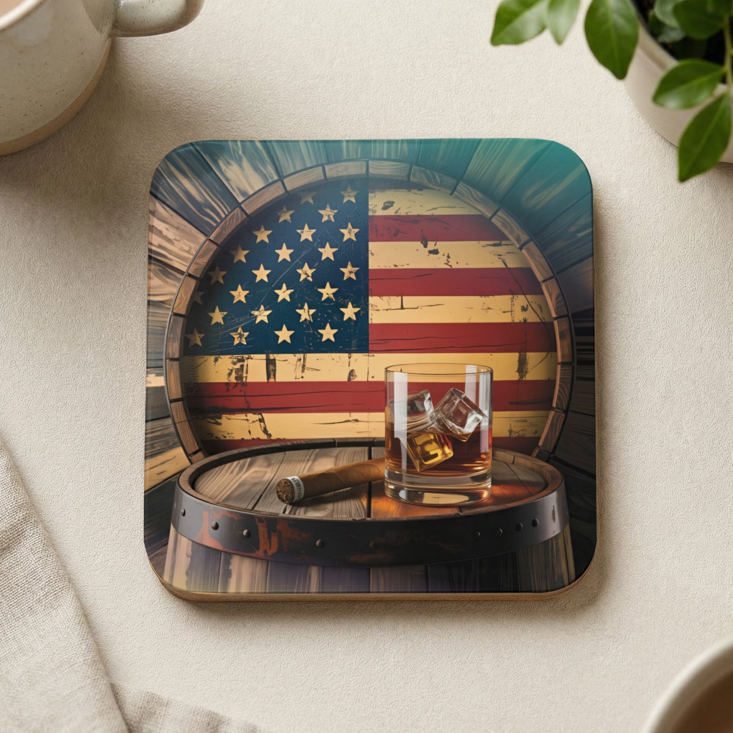 Whiskey and cigar on barrel with American flag design coaster.