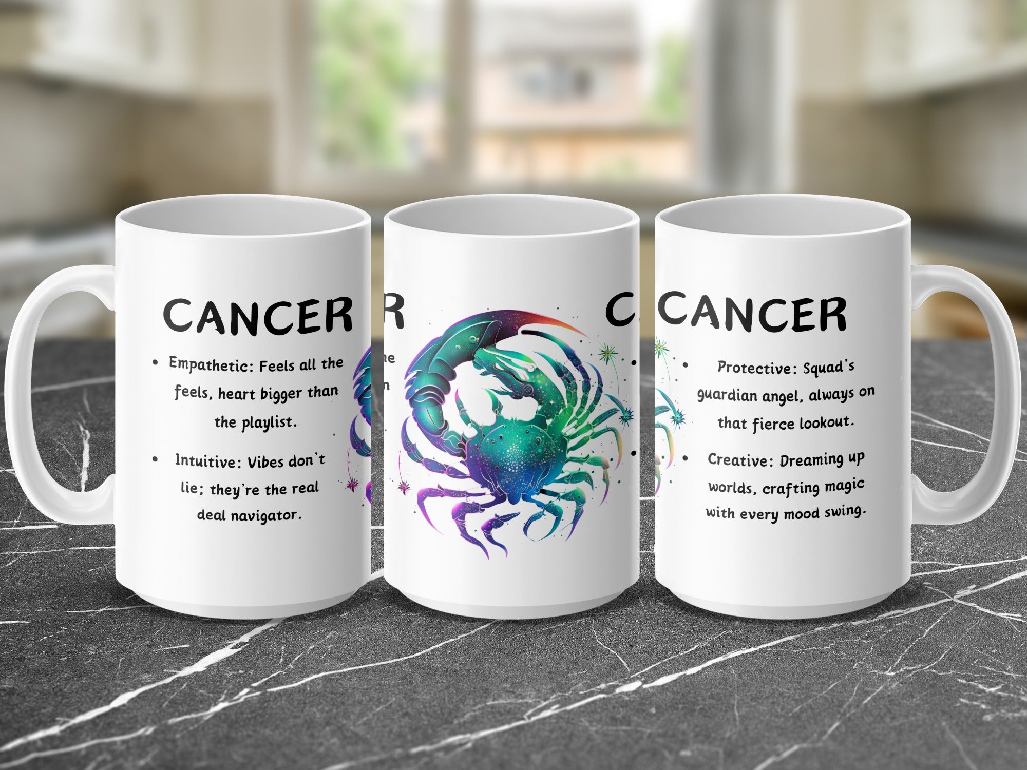 Mug with Cancer zodiac sign and description on both sides.