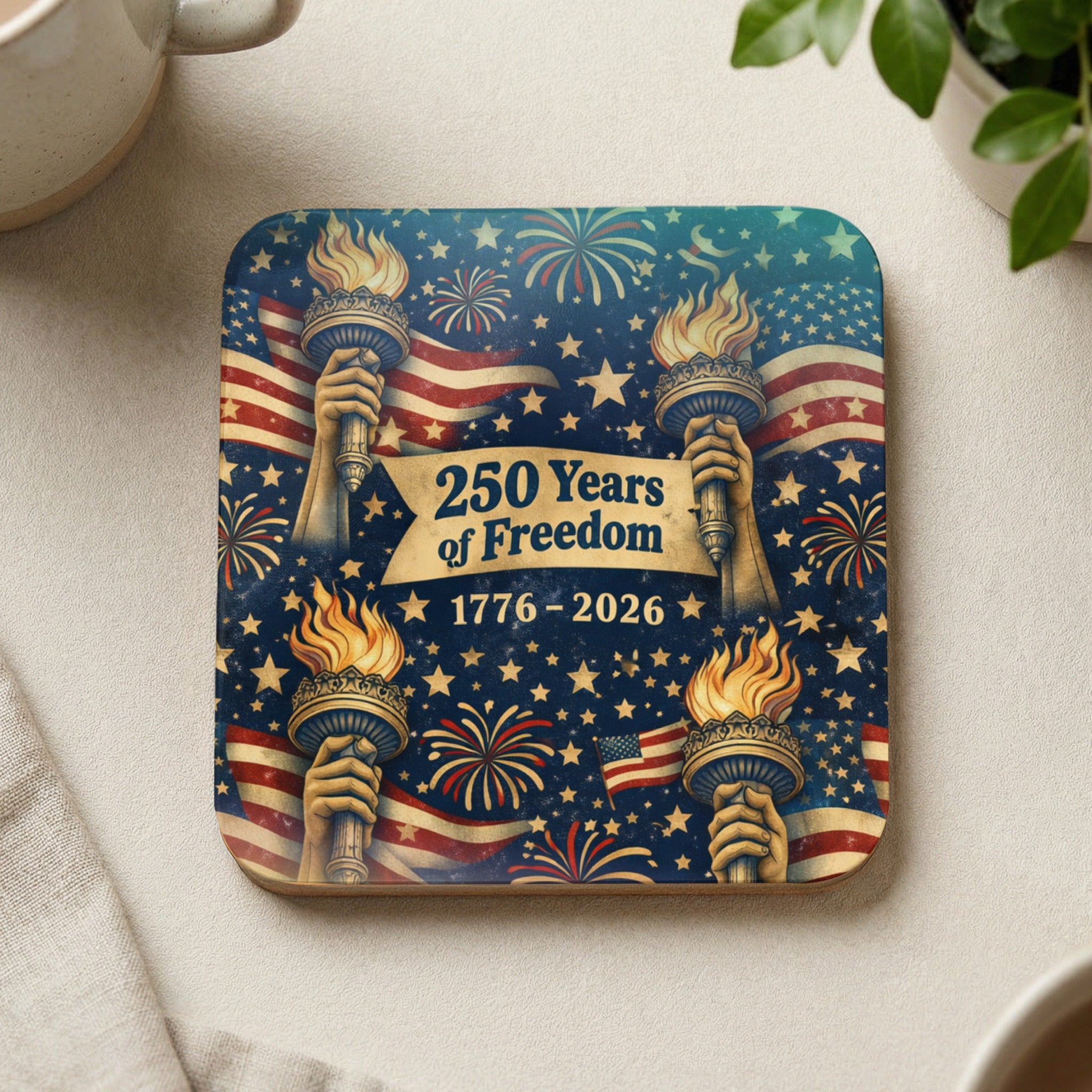 Coaster with Statue of Liberty torches, flag, fireworks, and "250 Years of Freedom 1776-2026".