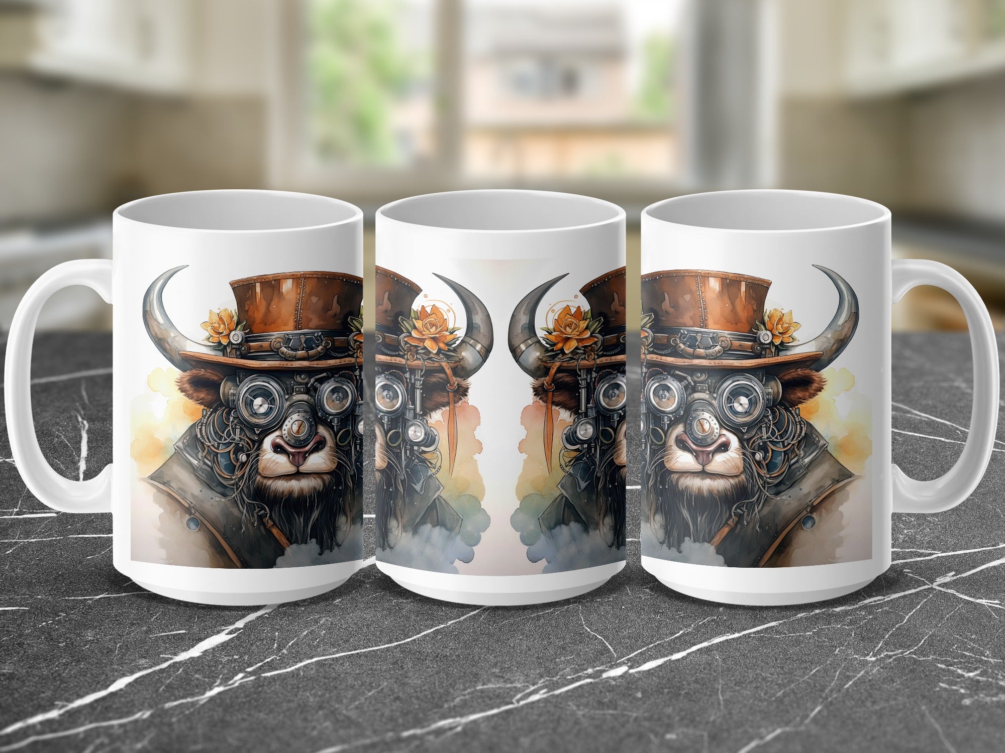 Steampunk bull with goggles and hat on a white mug.