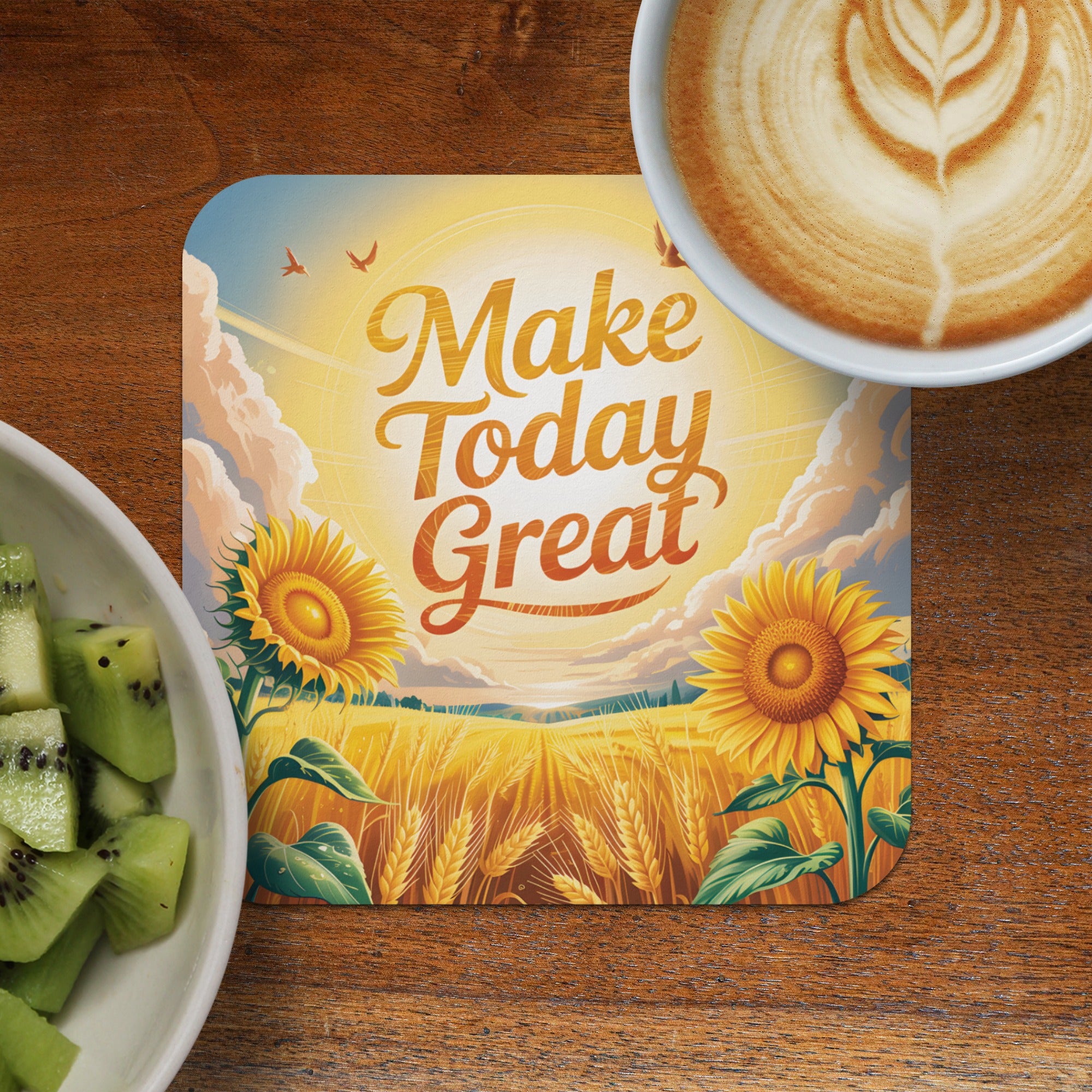 Coaster with sunflowers, wheat field, sun, and "Make Today Great" text.