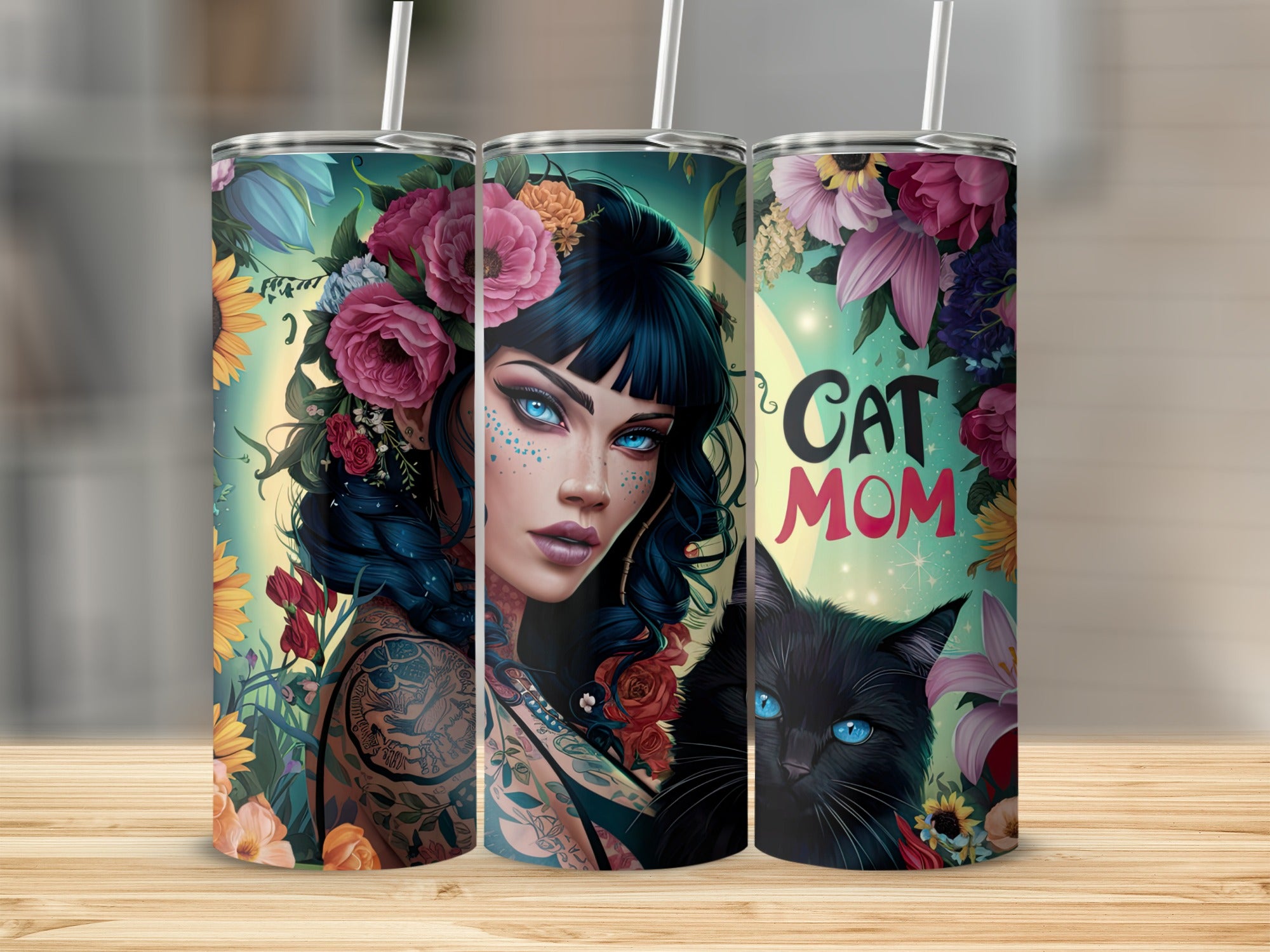 Tattooed woman with blue eyes, floral accents, and black cat, "Cat Mom" text.
