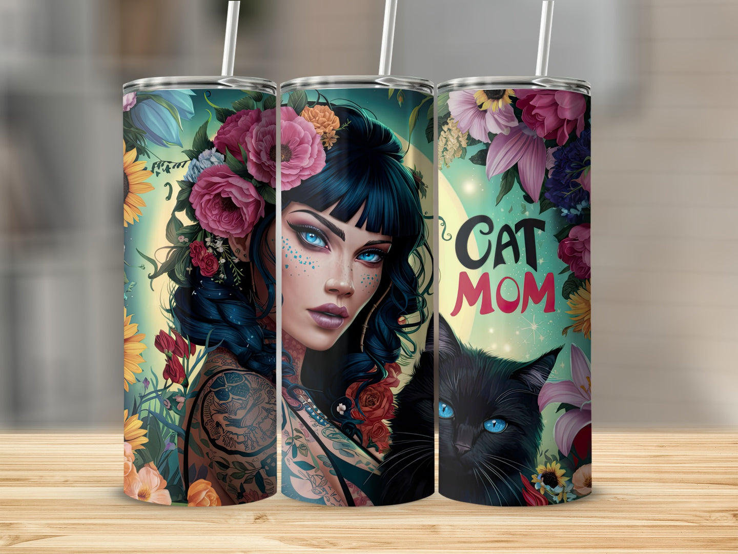 Tattooed woman with blue eyes, floral accents, and black cat, "Cat Mom" text.