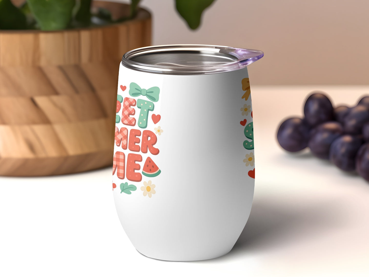 White tumbler with "Sweet Summer Time" in colorful lettering and small flower graphics.
