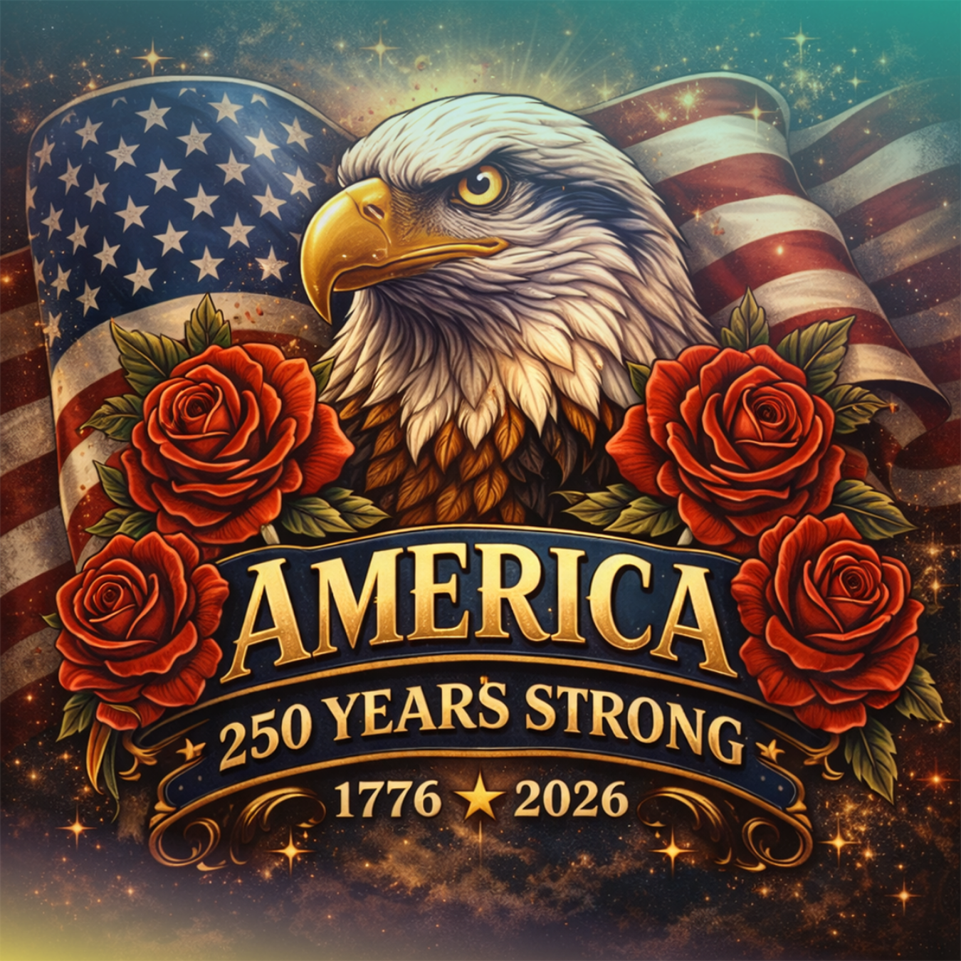 Eagle with American flag and roses, "America 250 Years Strong 1776-2026".