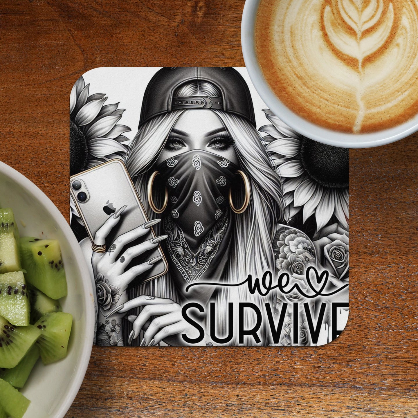 Woman with bandana, tattoos, holding iPhone, sunflowers, and "we survive" text.