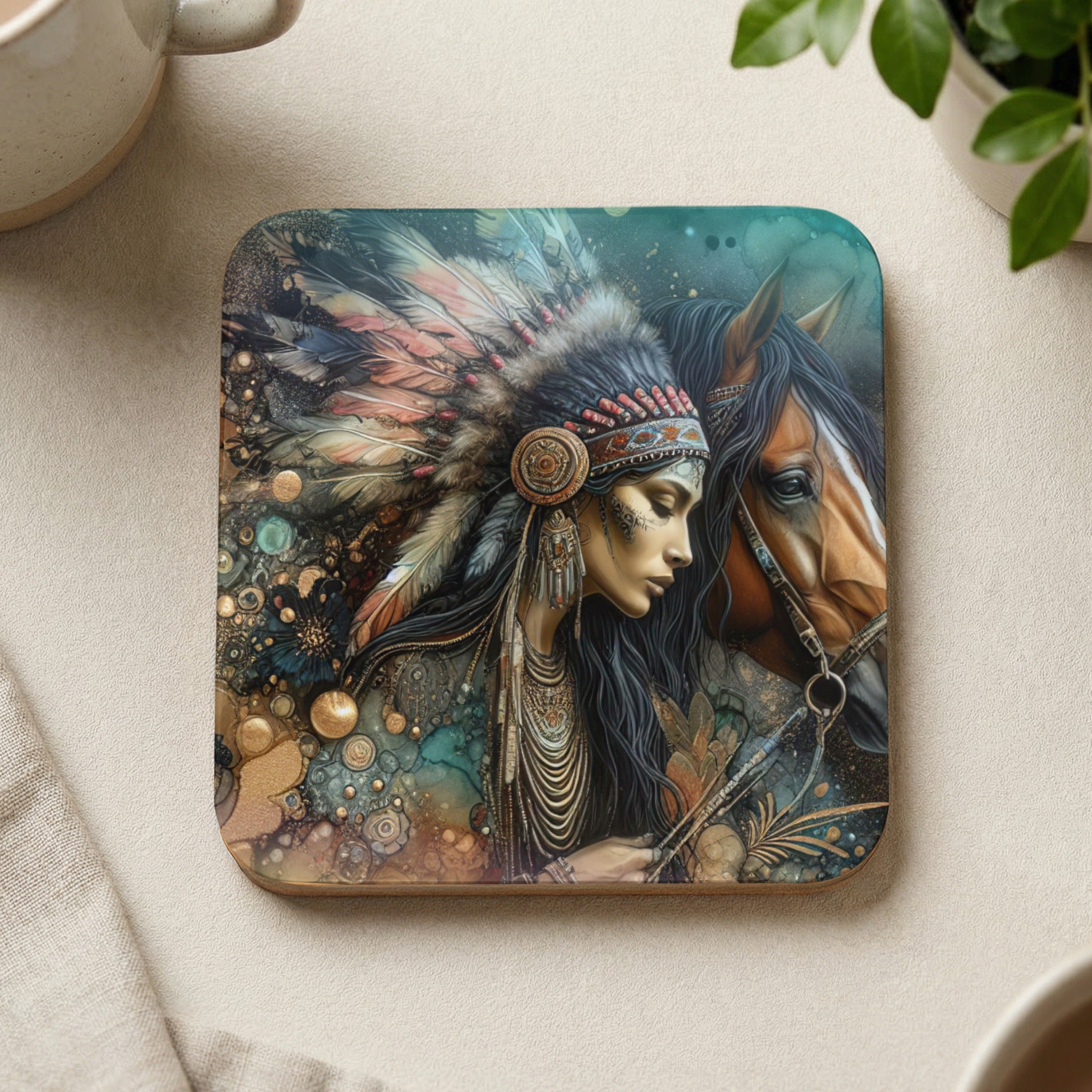 Woman in headdress with horse, abstract background with gold accents.
