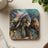 Woman in headdress with horse, abstract background with gold accents.