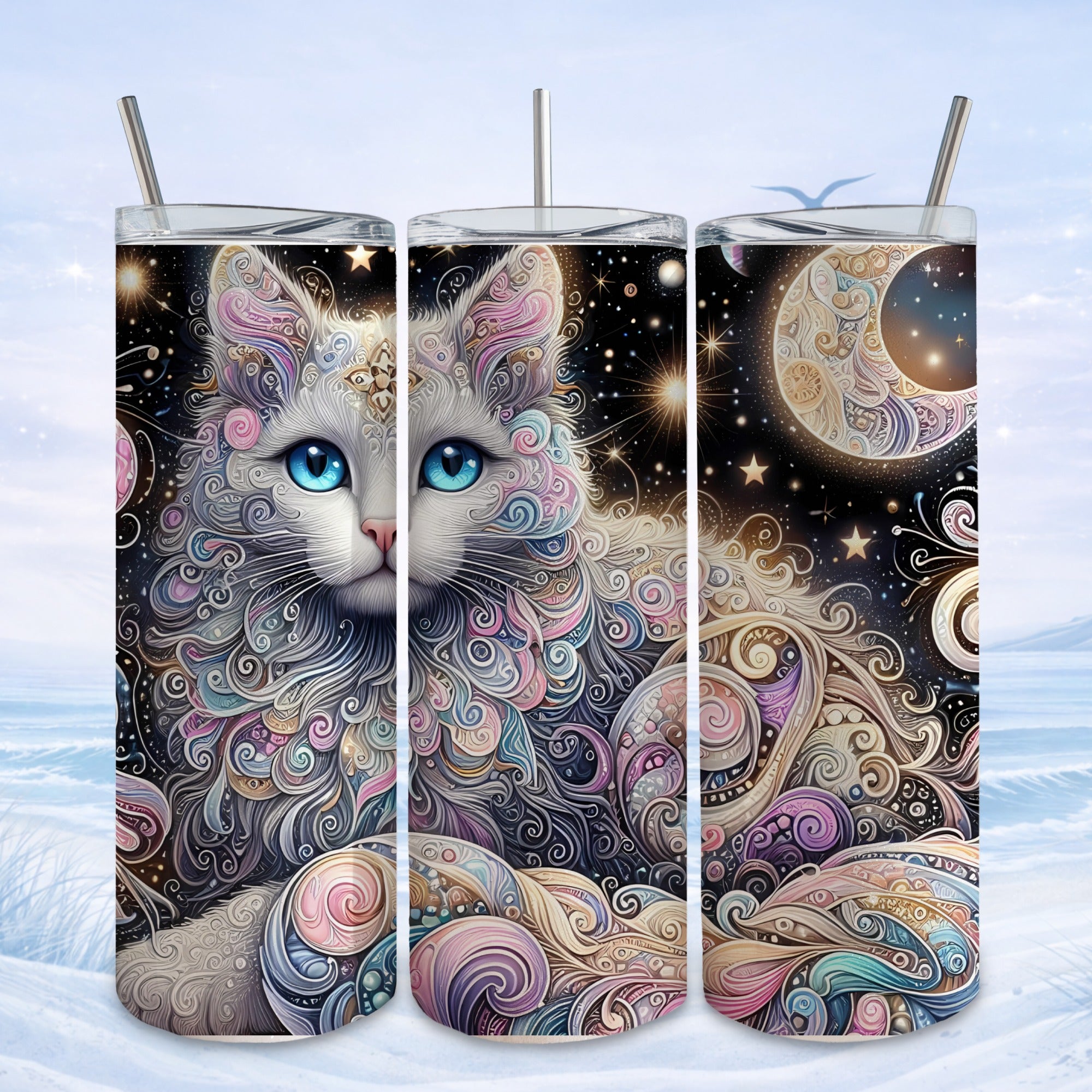 Ornate celestial cat with moon and stars on a sublimation tumbler.
