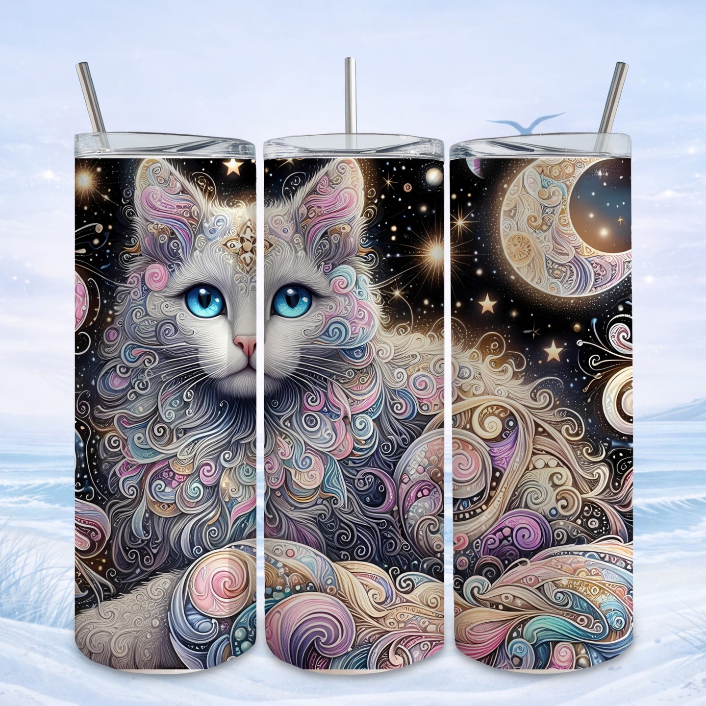 Ornate celestial cat with moon and stars on a sublimation tumbler.