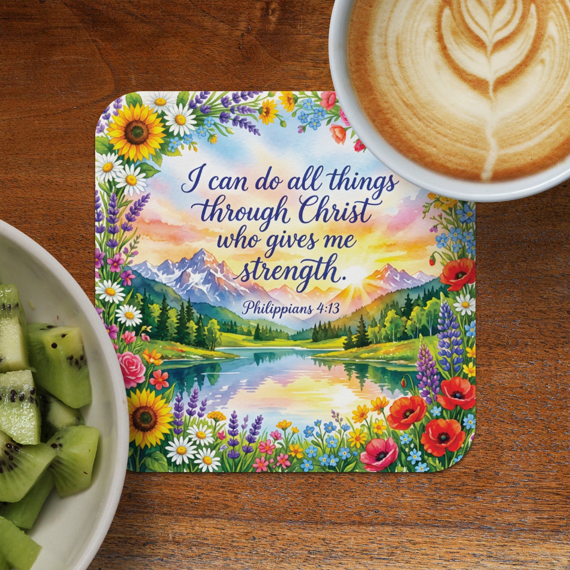 Coaster with floral border, landscape, and "I can do all things through Christ" Bible verse.